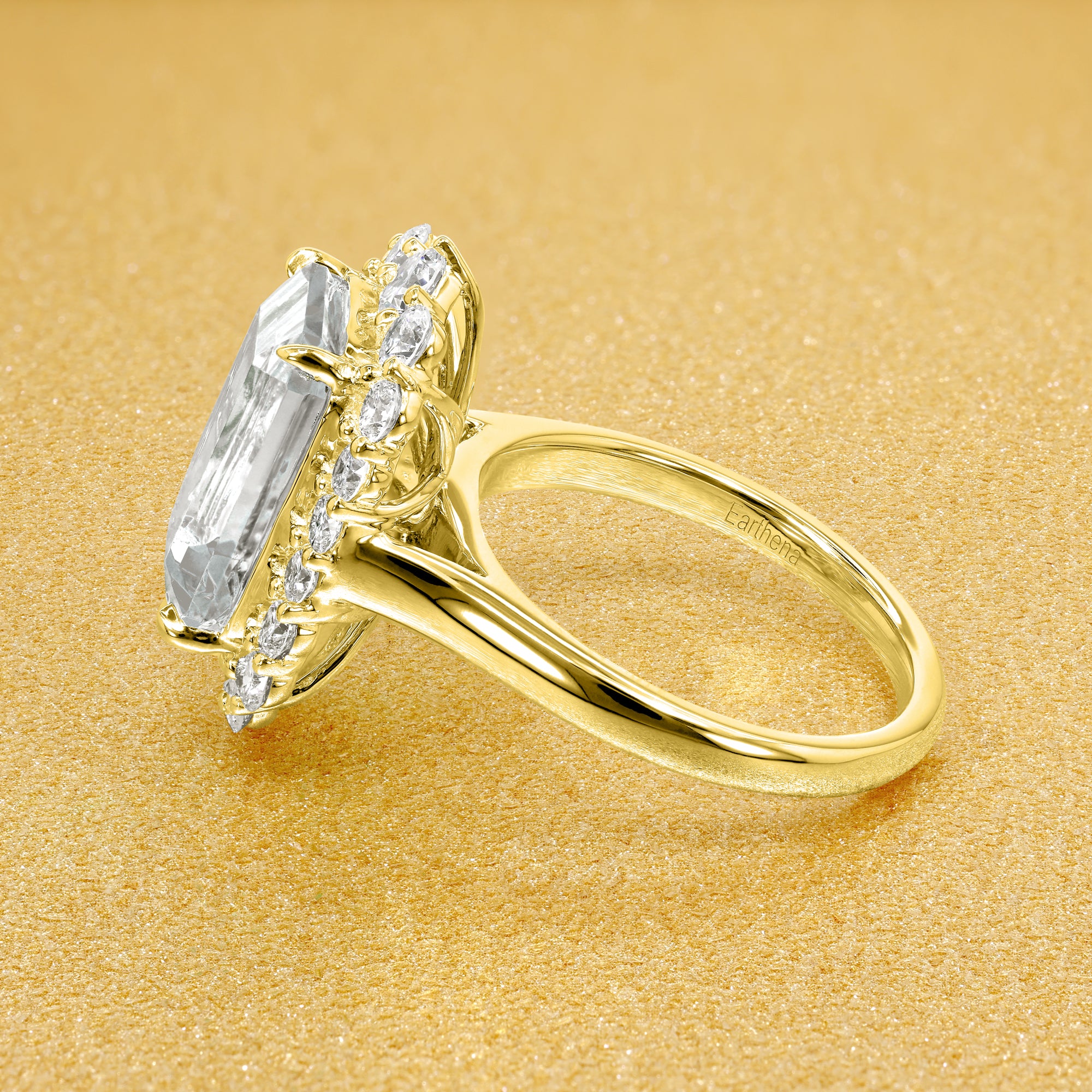 Gloria 4.5ct Elongated Radiant-cut Moissanite Halo Cathedral Engagement ring in 14K Gold, 18K Gold, or Platinum by Earthena Jewelry of Beverly Hills.