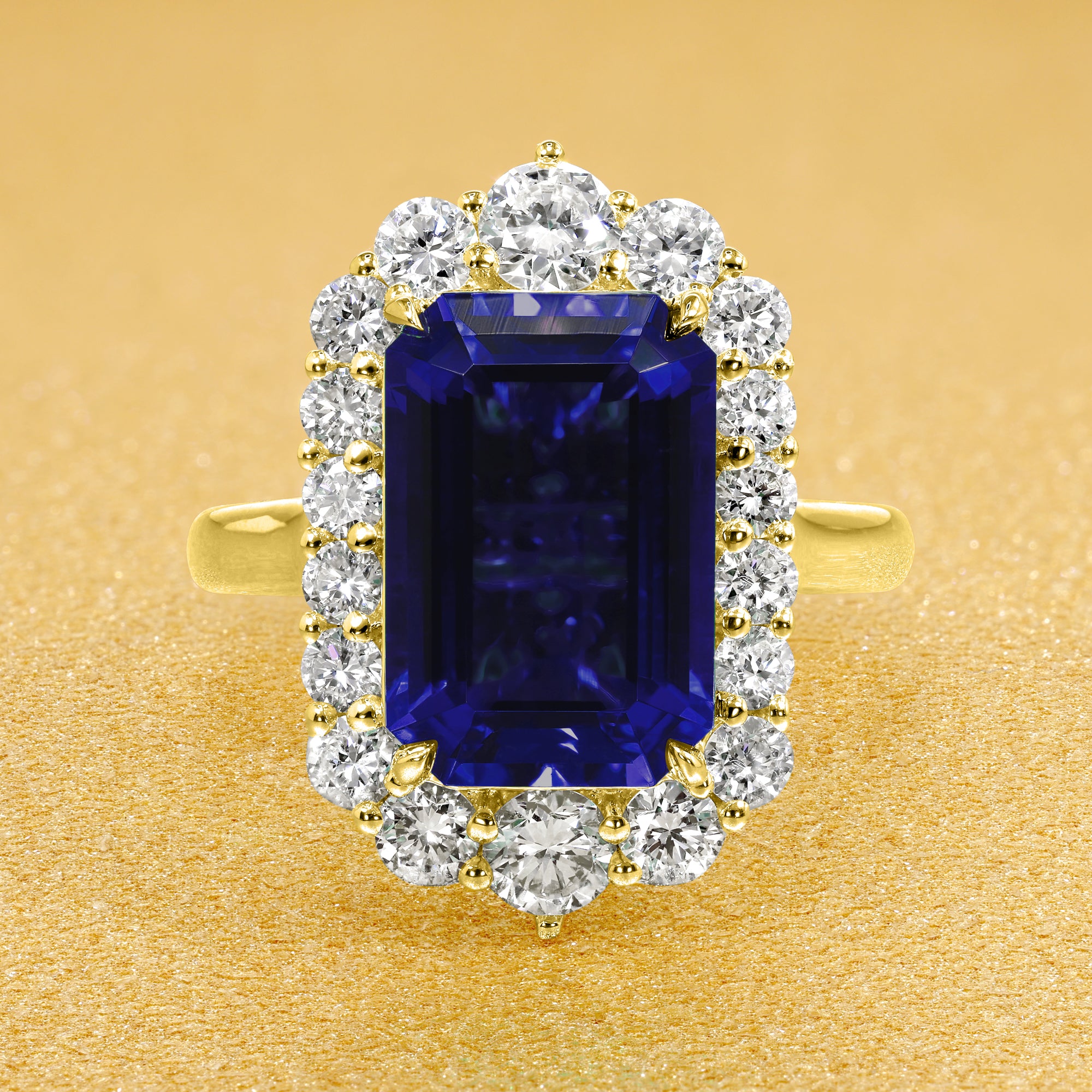 Gloria 4.5ct Emerald-Cut Lab-Grown Blue Sapphire Halo Cathedral Engagement Ring in 14K Gold, 18K Gold, or Platinum by Earthena Jewelry of Beverly Hills.