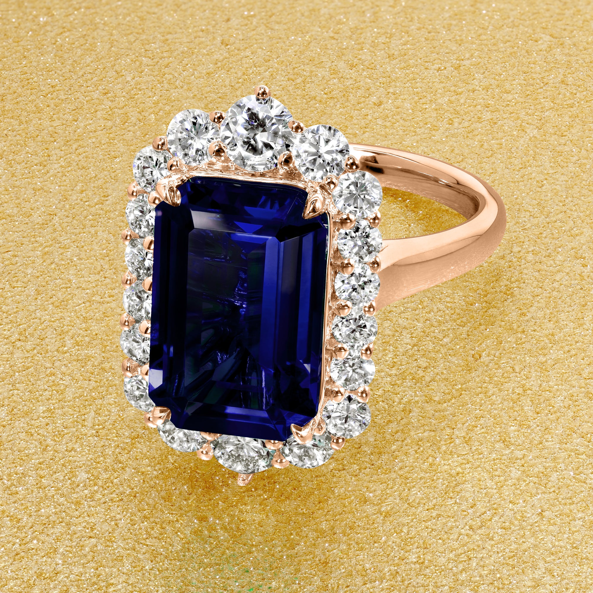 Gloria 4.5ct Emerald-Cut Lab-Grown Blue Sapphire Halo Cathedral Engagement Ring in 14K Gold, 18K Gold, or Platinum by Earthena Jewelry of Beverly Hills.