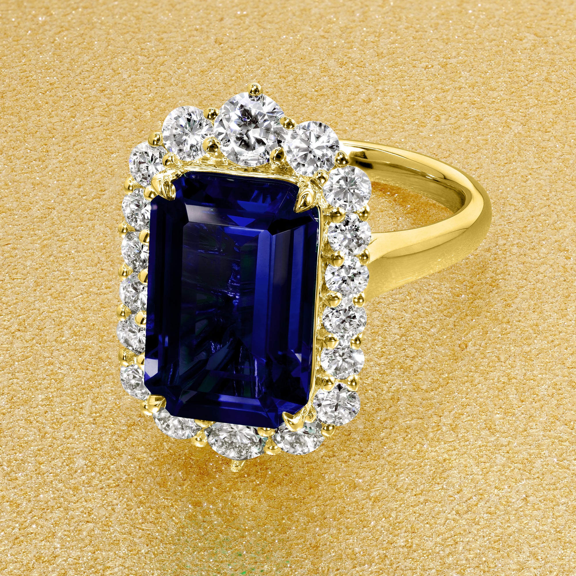 Gloria 4.5ct Emerald-Cut Lab-Grown Blue Sapphire Halo Cathedral Engagement Ring in 14K Gold, 18K Gold, or Platinum by Earthena Jewelry of Beverly Hills.