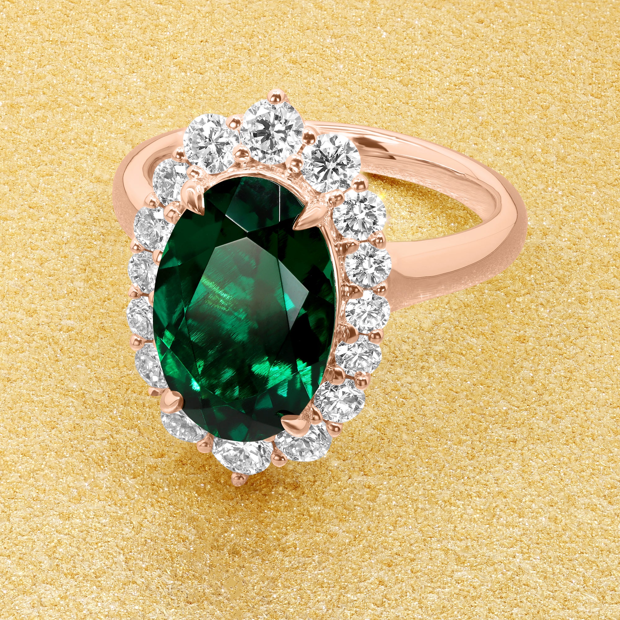 Gloria 3ct Elongated Lab-grown Oval-cut Zambia Green Emerald Halo Cathedral Engagement Ring in 14K Gold, 18K Gold, or Platinum by Earthena Jewelry of Beverly Hills.