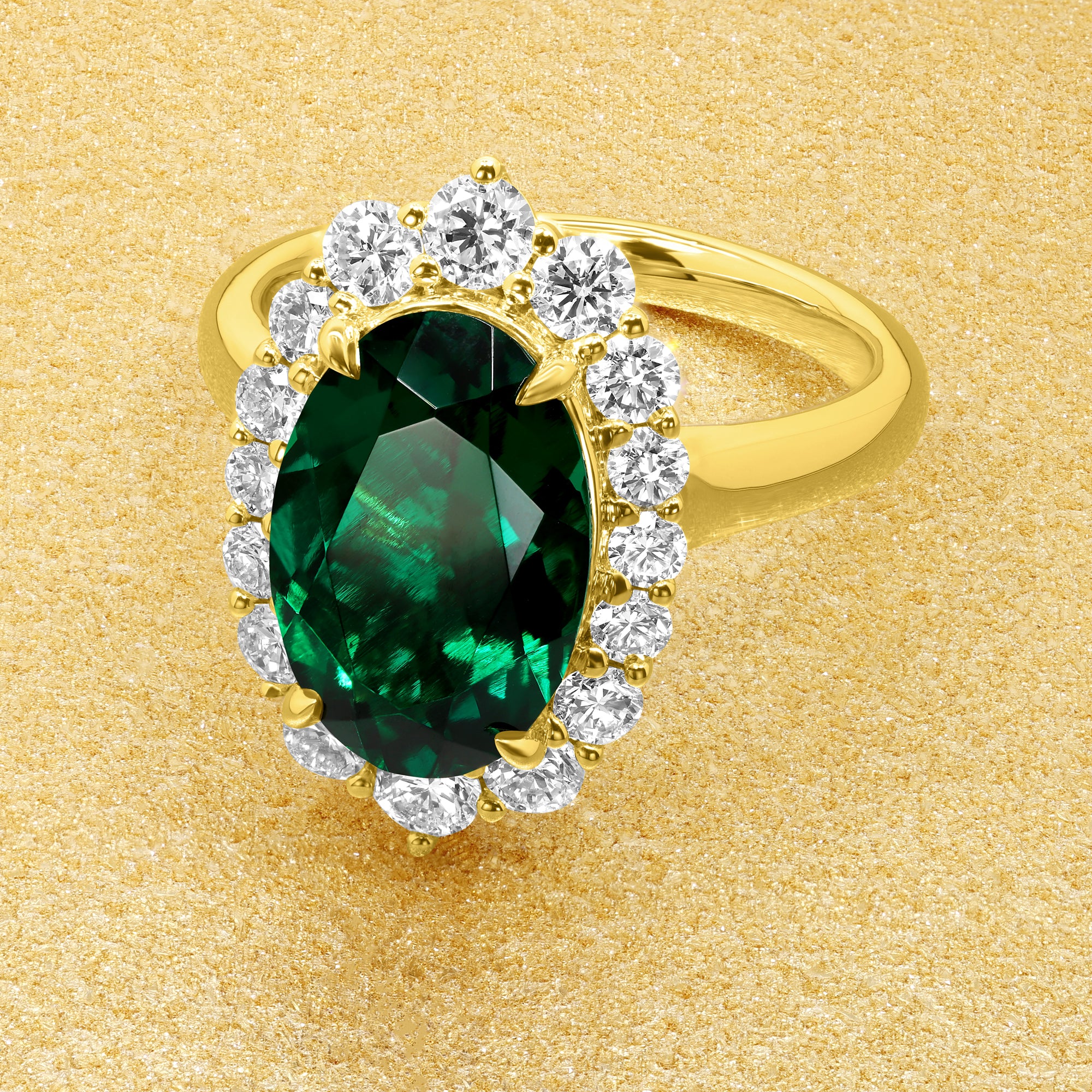 Gloria 3ct Elongated Lab-grown Oval-cut Zambia Green Emerald Halo Cathedral Engagement Ring in 14K Gold, 18K Gold, or Platinum by Earthena Jewelry of Beverly Hills.