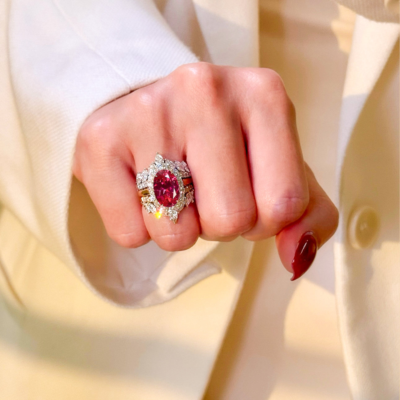 Gloria 4ct Oval Lab-Grown Ruby with Dual Isabella V-Shaped Diamond Bands in 14K Gold, 18K Gold, or Platinum by Earthena Jewelry of Beverly Hills.
