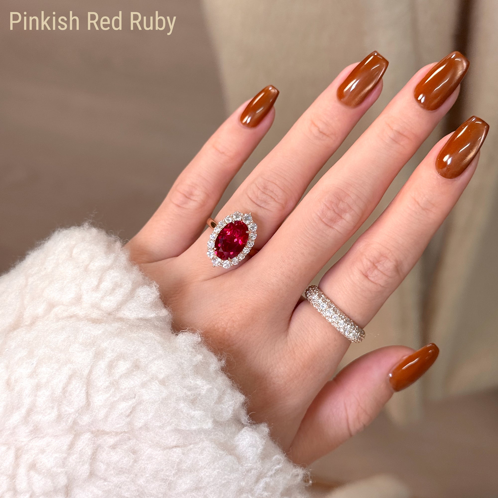 The Gloria, 4ct Elongated Lab-grown Oval-cut Ruby Halo Cathedral Ring