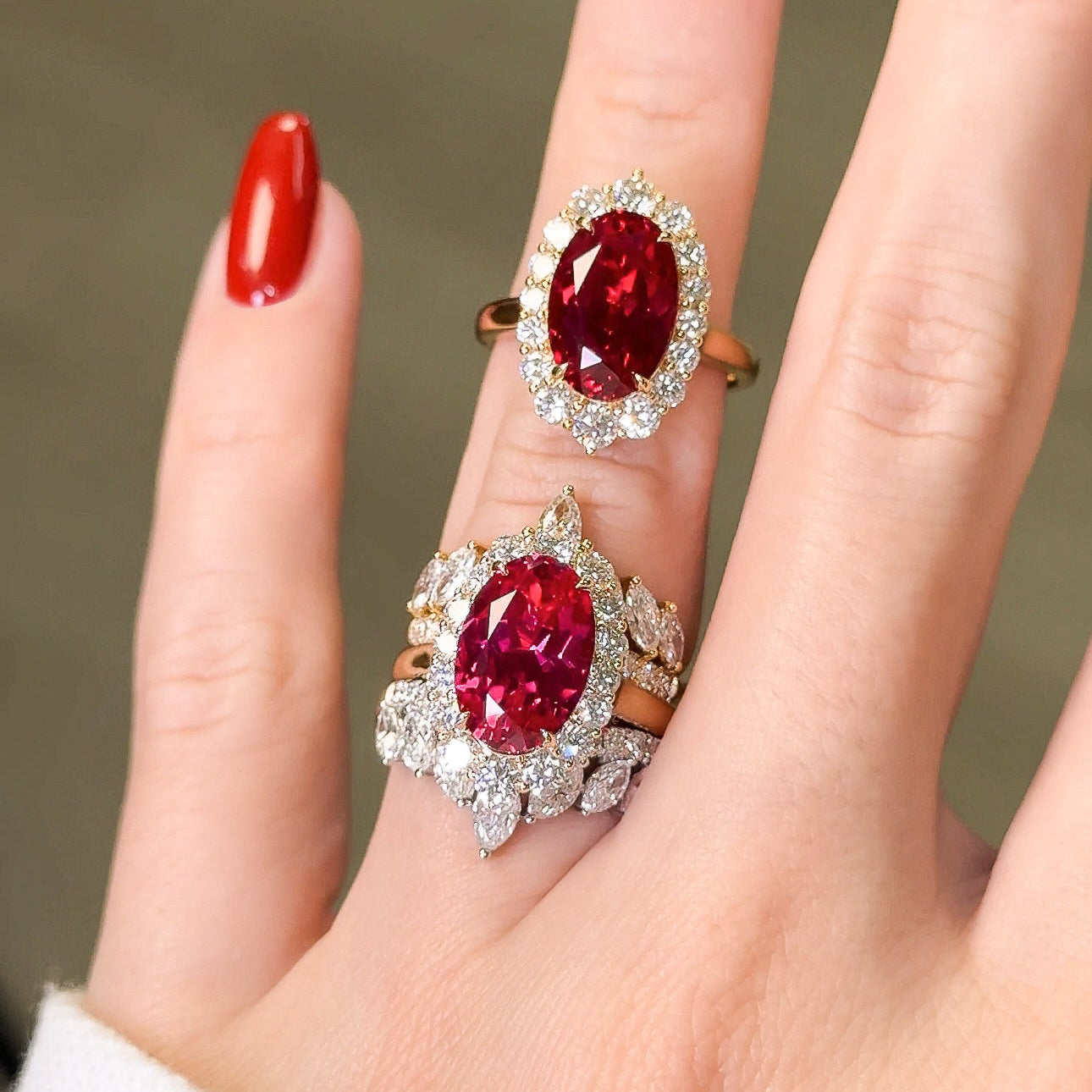 Gloria 4ct Oval Lab-Grown Ruby with Dual Isabella V-Shaped Diamond Bands in 14K Gold, 18K Gold, or Platinum by Earthena Jewelry of Beverly Hills.