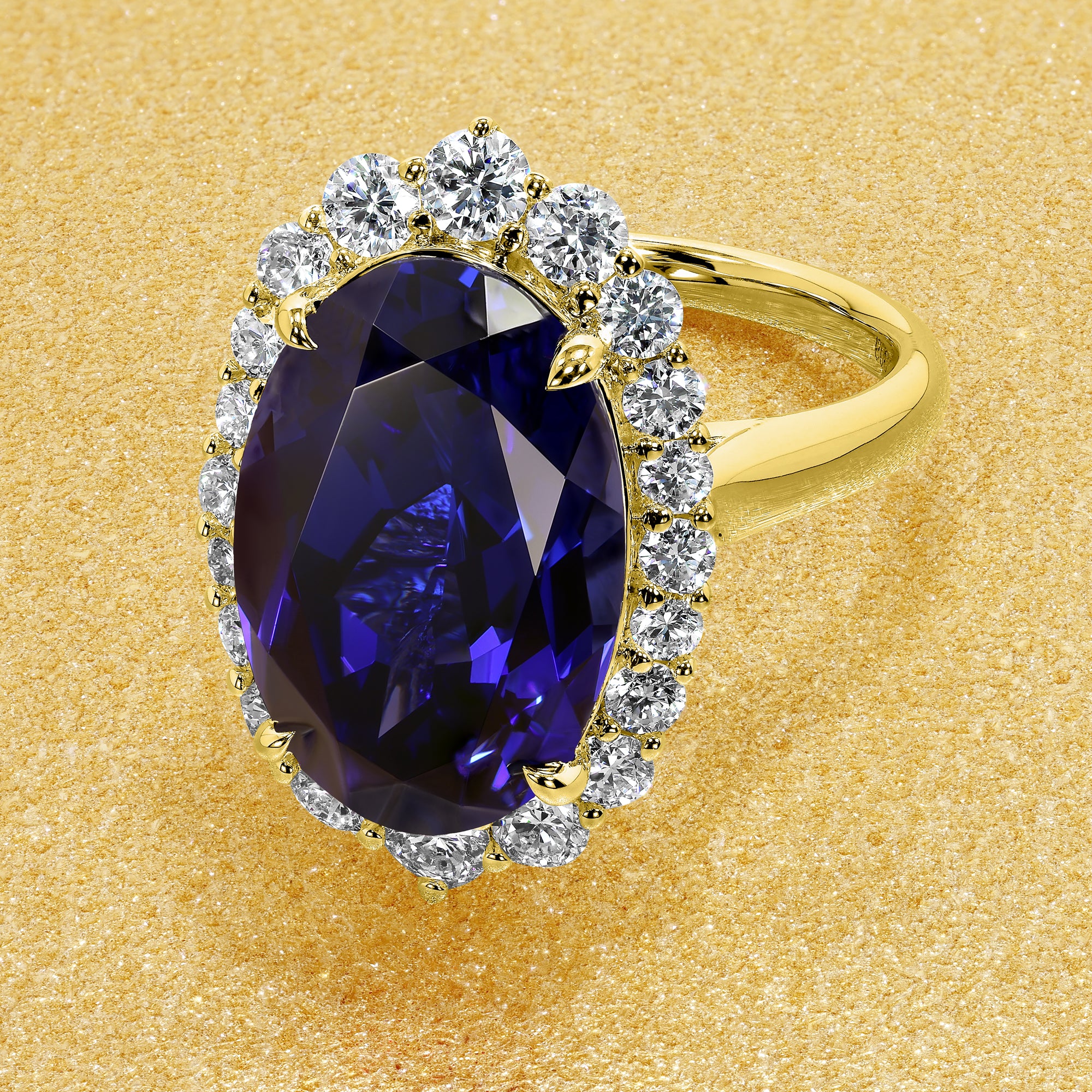 Gloria 8ct Elongated Lab-grown Oval-cut Blue Sapphire Halo Cathedral Engagement ring in 14K Gold, 18K Gold, or Platinum by Earthena Jewelry of Beverly Hills.