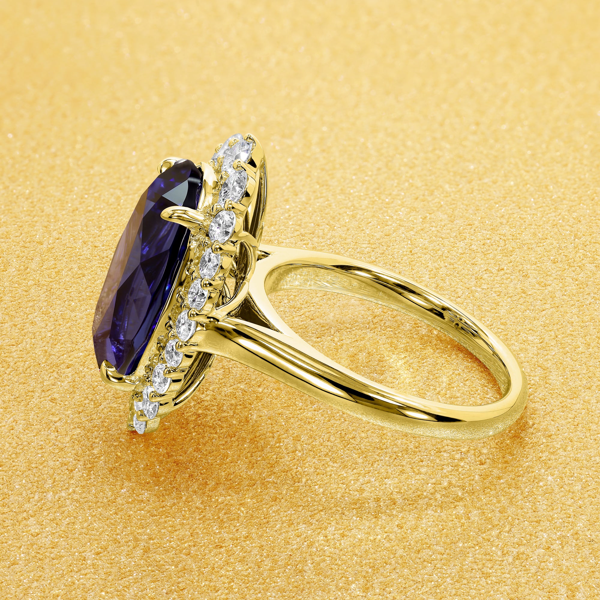 Gloria 8ct Elongated Lab-grown Oval-cut Blue Sapphire Halo Cathedral Engagement ring in 14K Gold, 18K Gold, or Platinum by Earthena Jewelry of Beverly Hills.