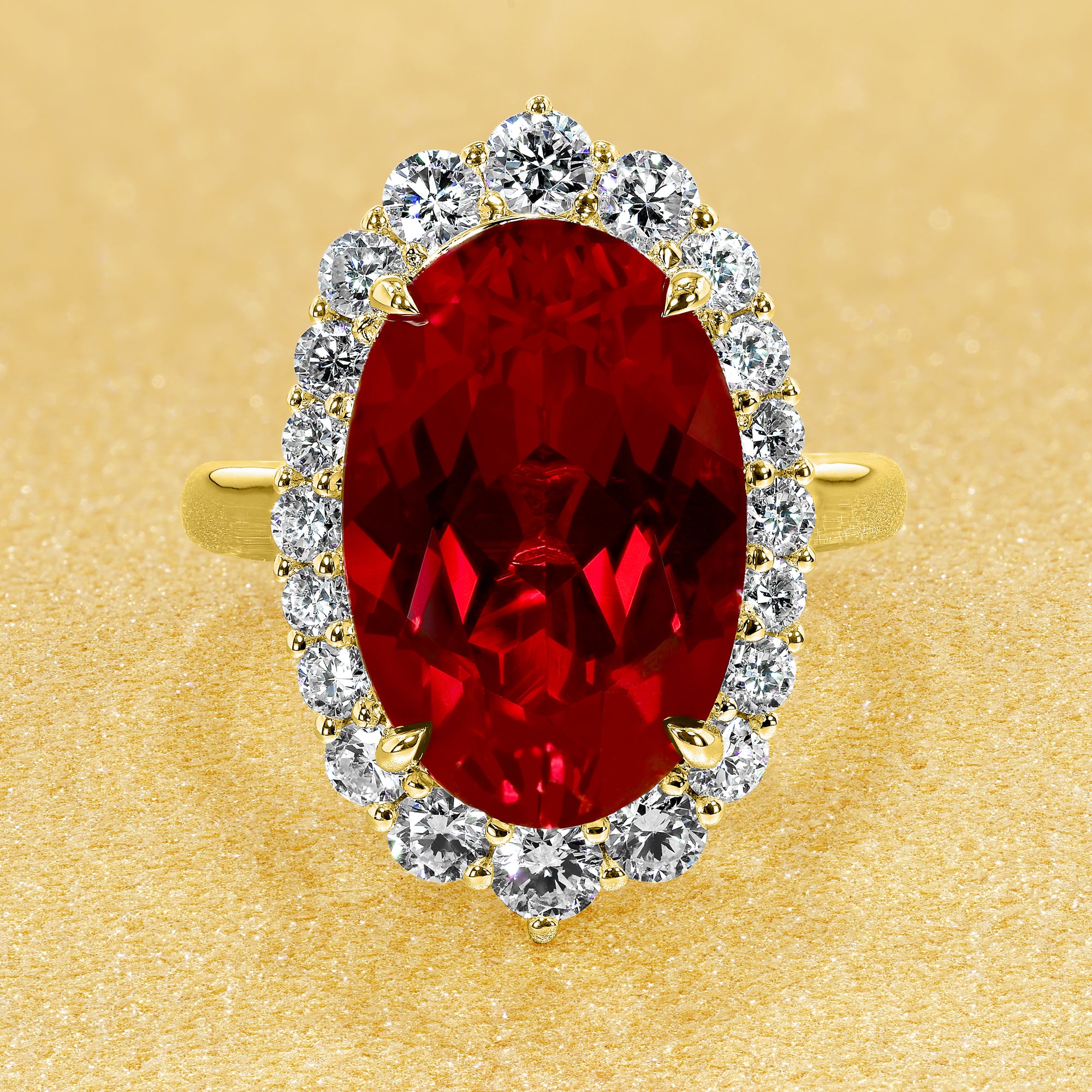 Gloria 8ct Elongated Lab-grown Oval-cut Ruby Halo Cathedral Engagement Ring in 14K Gold, 18K Gold, or Platinum by Earthena Jewelry of Beverly Hills.