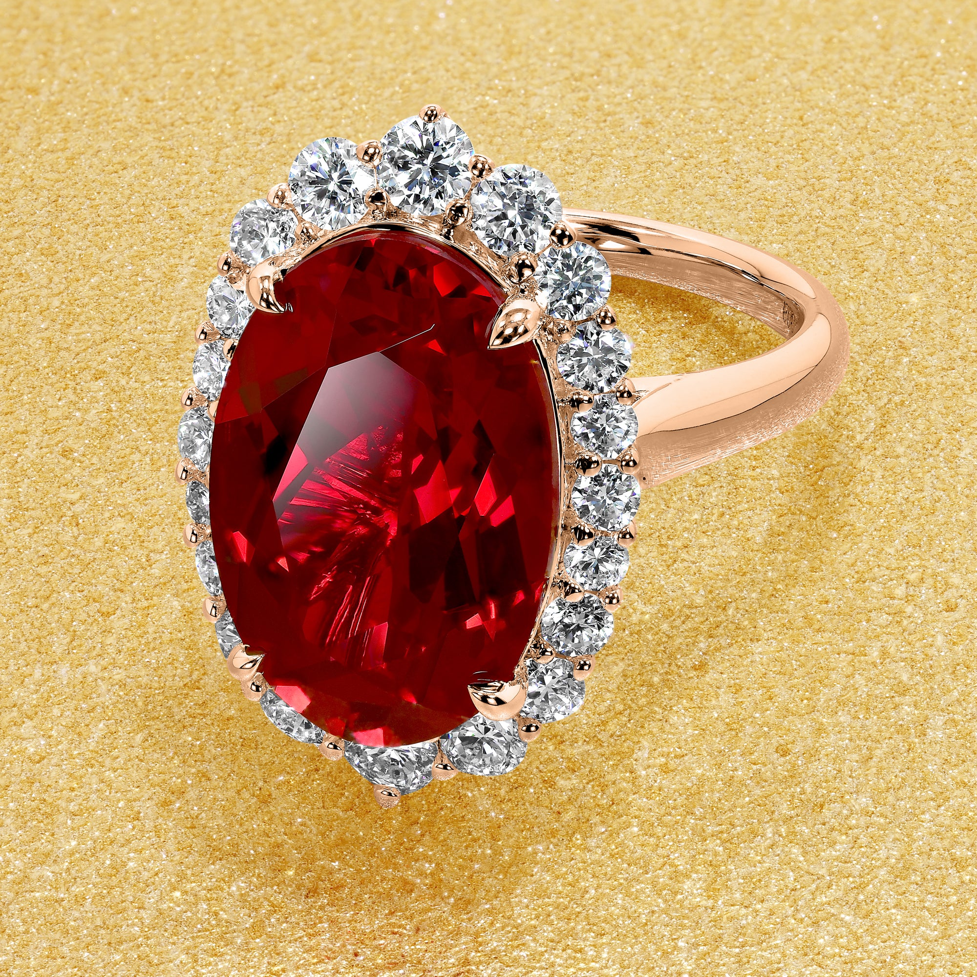 Gloria 8ct Elongated Lab-grown Oval-cut Ruby Halo Cathedral Engagement Ring in 14K Gold, 18K Gold, or Platinum by Earthena Jewelry of Beverly Hills.