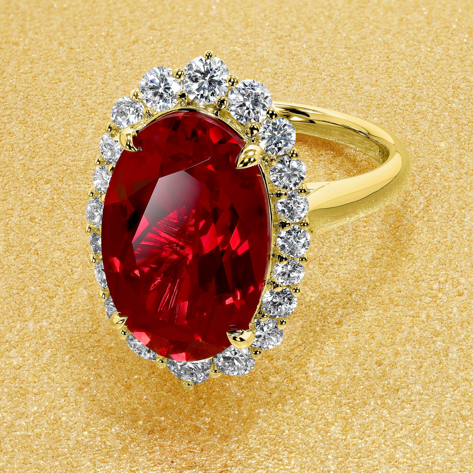 Gloria 8ct Elongated Lab-grown Oval-cut Ruby Halo Cathedral Engagement Ring in 14K Gold, 18K Gold, or Platinum by Earthena Jewelry of Beverly Hills.