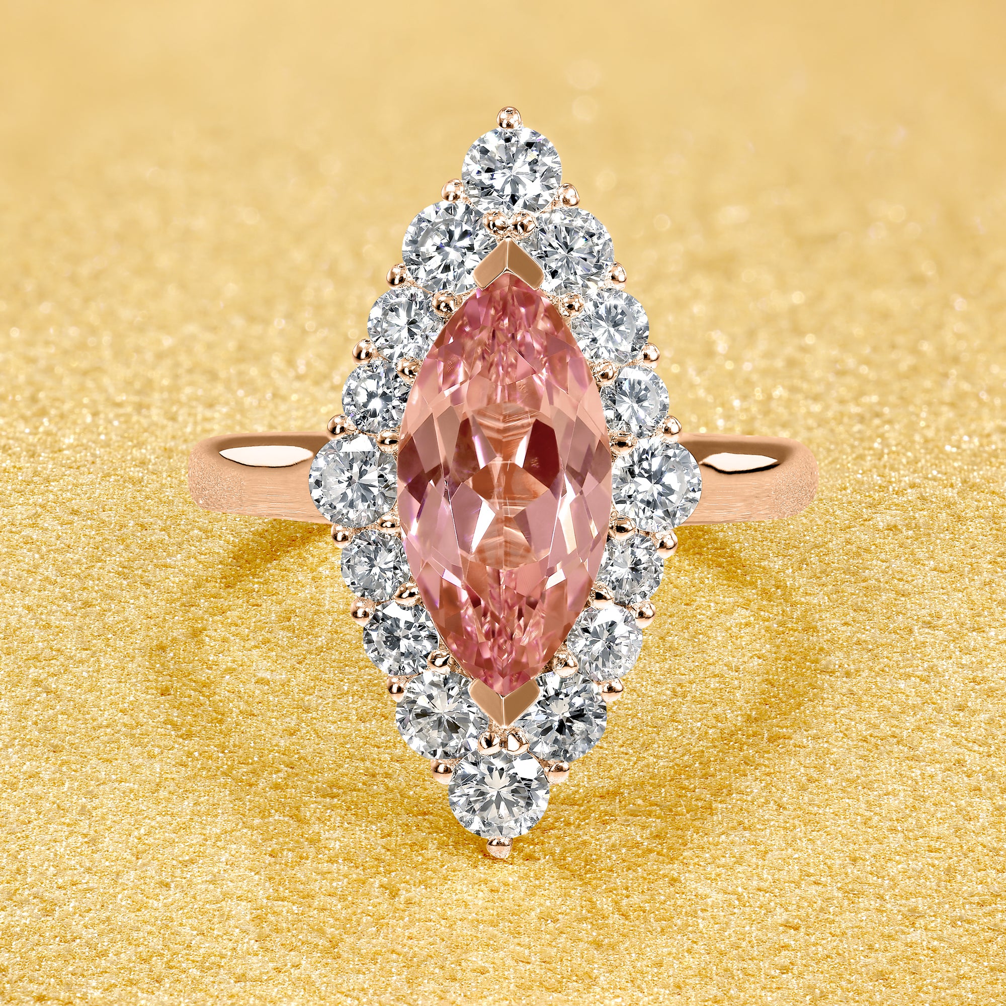 The Gloria, 2ct Lab-Grown Marquise-Cut Padparadscha Pink Sapphire Diamond Halo Cathedral Ring in 14K Gold, 18K Gold, or Platinum by Earthena Jewelry of Beverly Hills.
