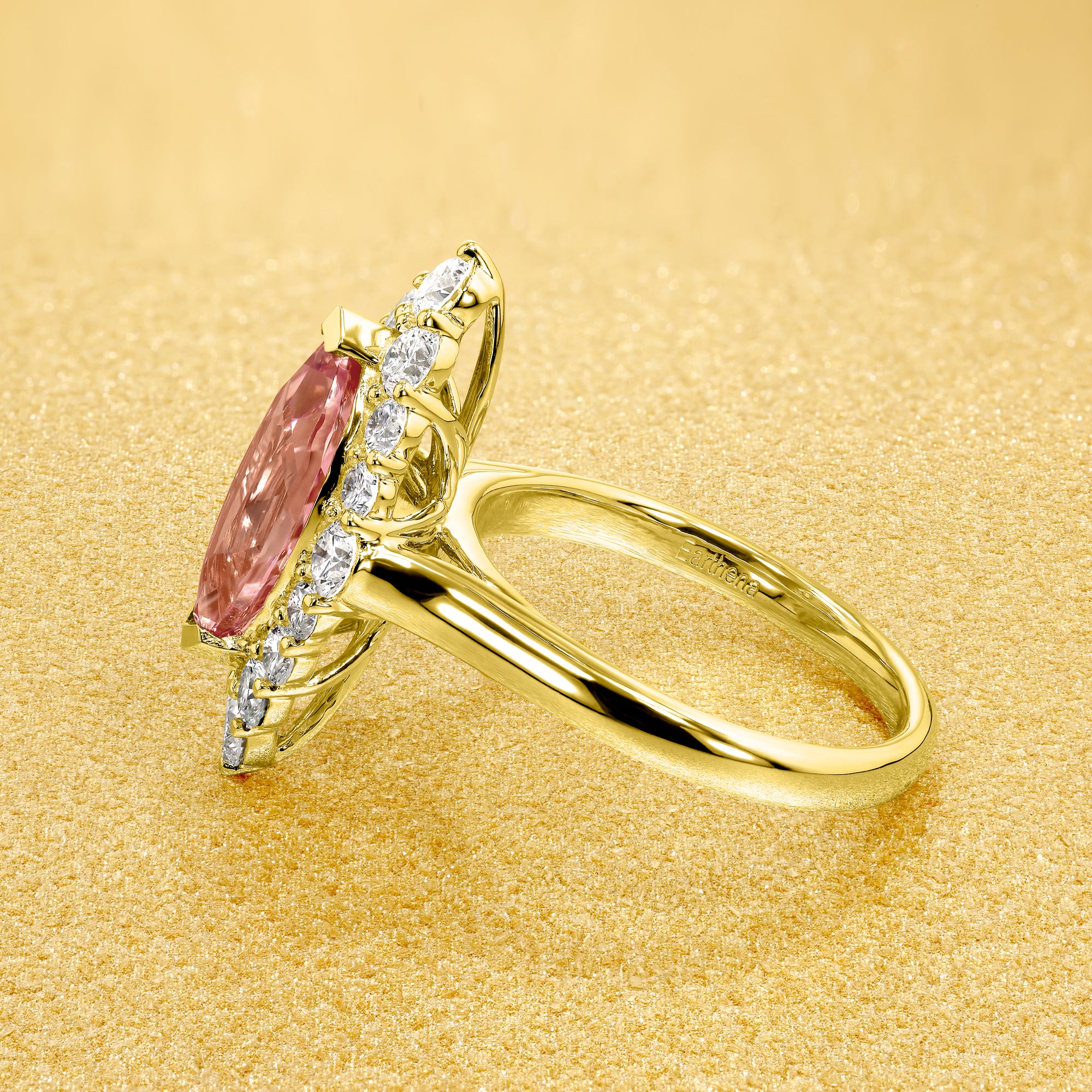 The Gloria, 2ct Lab-Grown Marquise-Cut Padparadscha Pink Sapphire Diamond Halo Cathedral Ring in 14K Gold, 18K Gold, or Platinum by Earthena Jewelry of Beverly Hills.