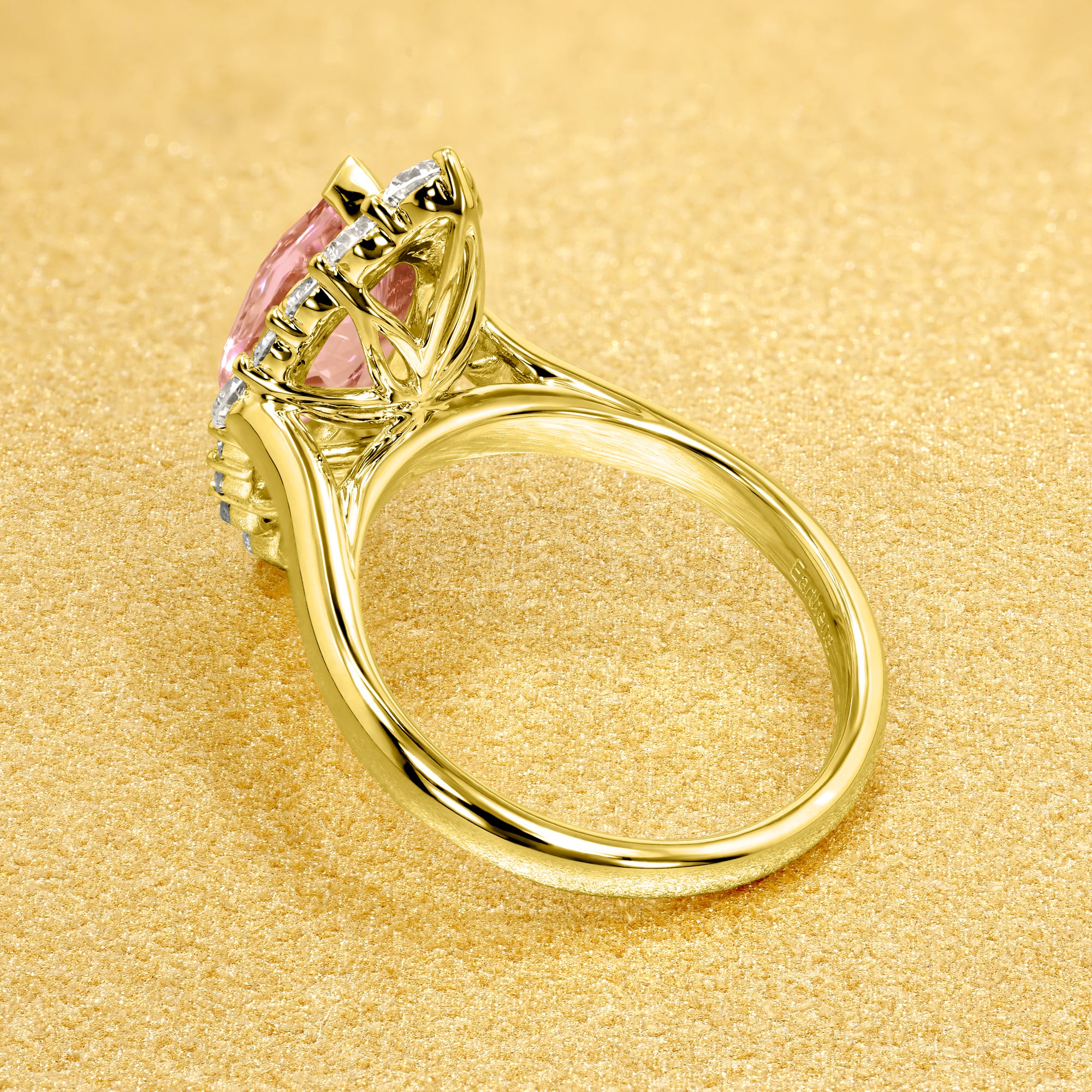 The Gloria, 2ct Lab-Grown Marquise-Cut Padparadscha Pink Sapphire Diamond Halo Cathedral Ring in 14K Gold, 18K Gold, or Platinum by Earthena Jewelry of Beverly Hills.