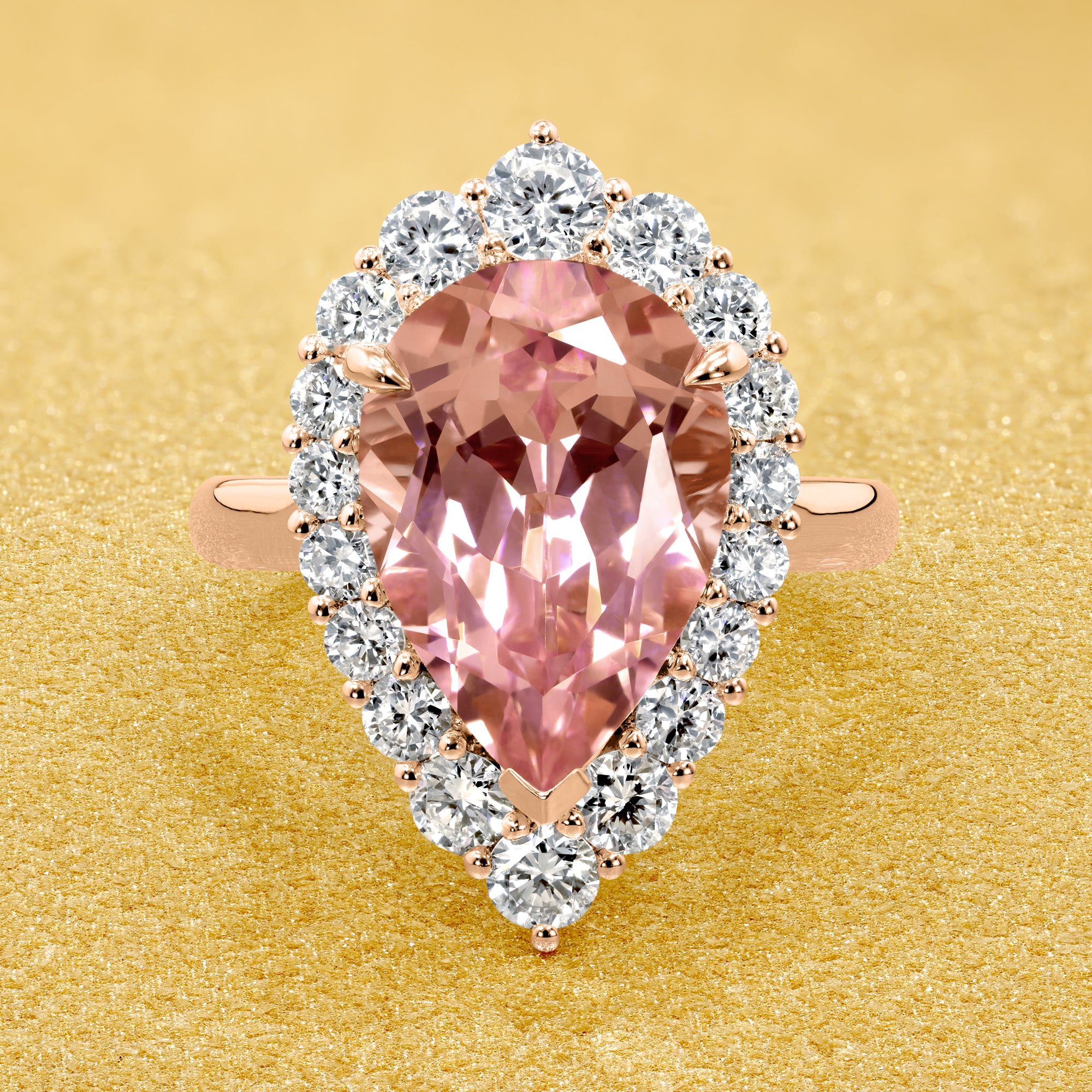 The Gloria, 5ct Lab-Grown Pear-Cut Padparadscha Pink Sapphire Diamond Halo Cathedral Ring in 14K Gold, 18K Gold, or Platinum by Earthena Jewelry of Beverly Hills.