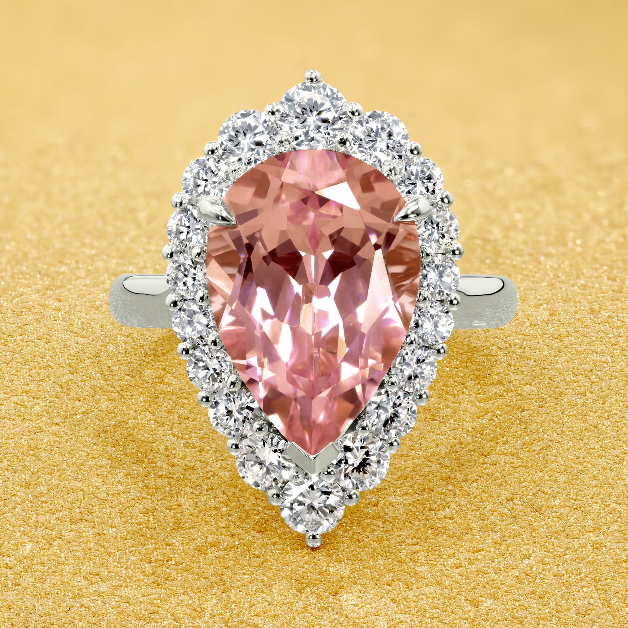 The Gloria, 5ct Lab-Grown Pear-Cut Padparadscha Pink Sapphire Diamond Halo Cathedral Ring in 14K Gold, 18K Gold, or Platinum by Earthena Jewelry of Beverly Hills.
