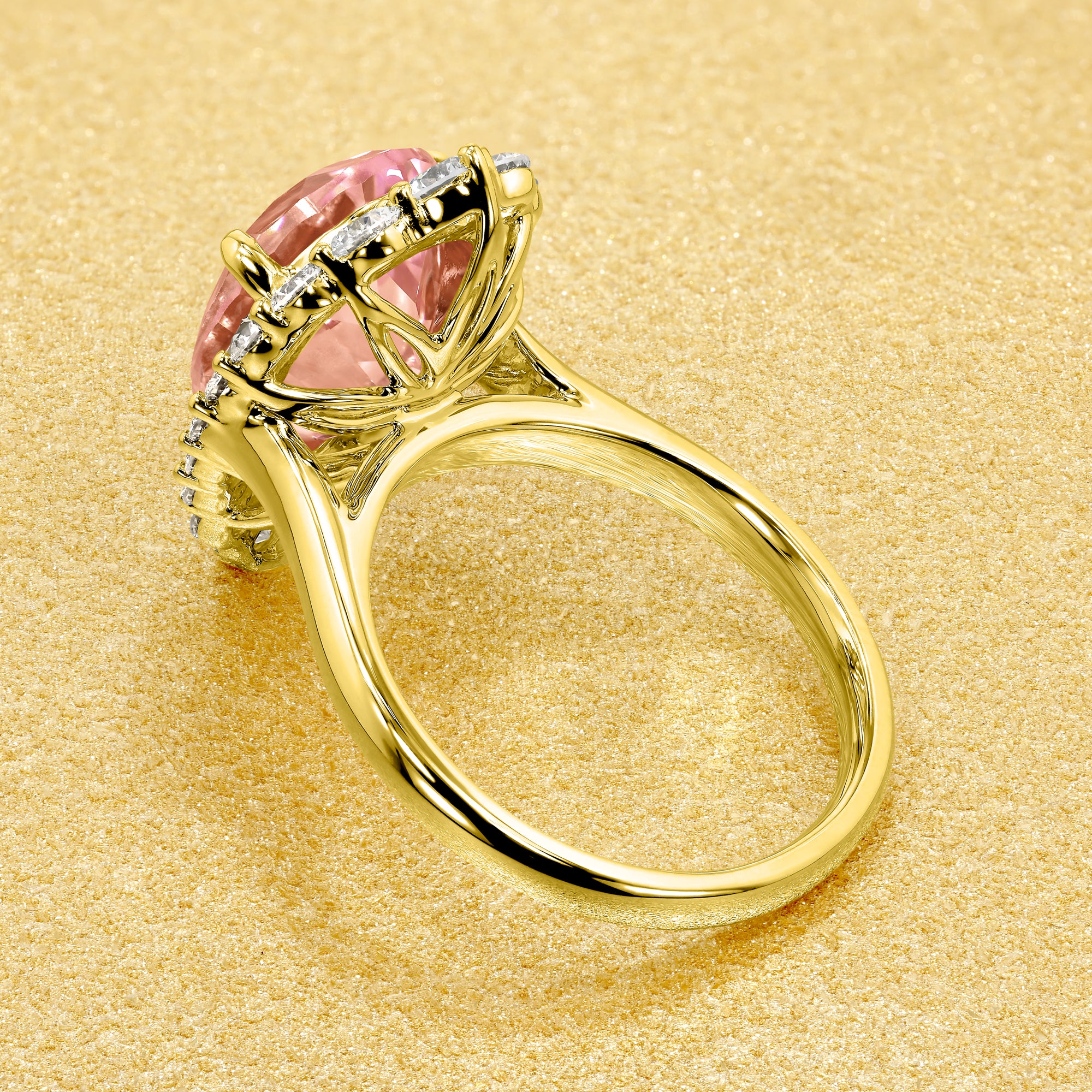 The Gloria, 5ct Lab-Grown Pear-Cut Padparadscha Pink Sapphire Diamond Halo Cathedral Ring in 14K Gold, 18K Gold, or Platinum by Earthena Jewelry of Beverly Hills.