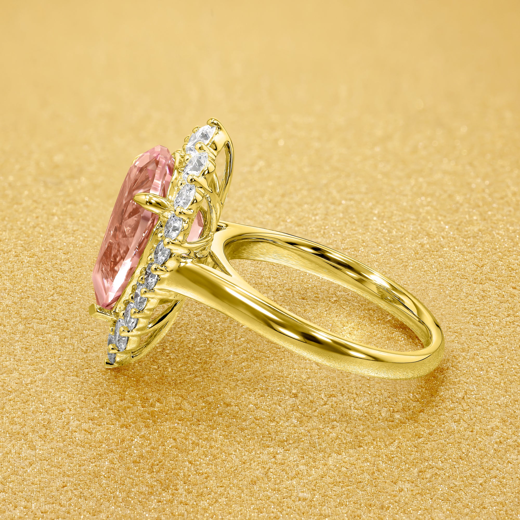 The Gloria, 5ct Lab-Grown Pear-Cut Padparadscha Pink Sapphire Diamond Halo Cathedral Ring in 14K Gold, 18K Gold, or Platinum by Earthena Jewelry of Beverly Hills.