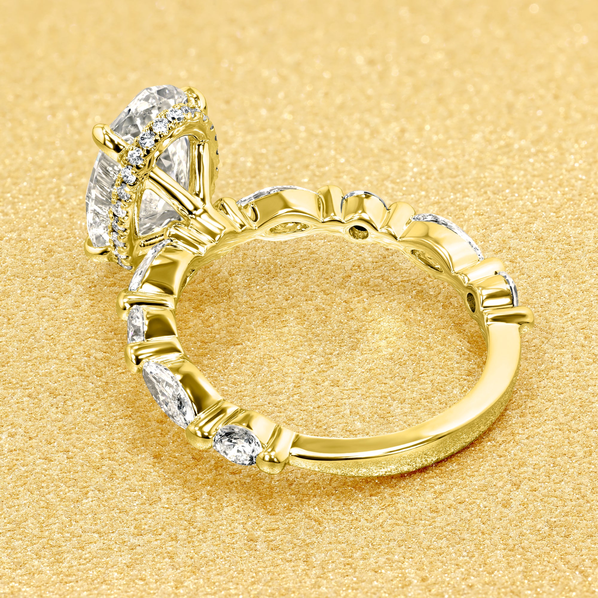 Grace 2.5ct Elongated Oval-Cut Lab-Grown Diamond Hidden Eternity Halo Engagement Ring in 14K Gold, 18K Gold, or Platinum by Earthena Jewelry of Beverly Hills.