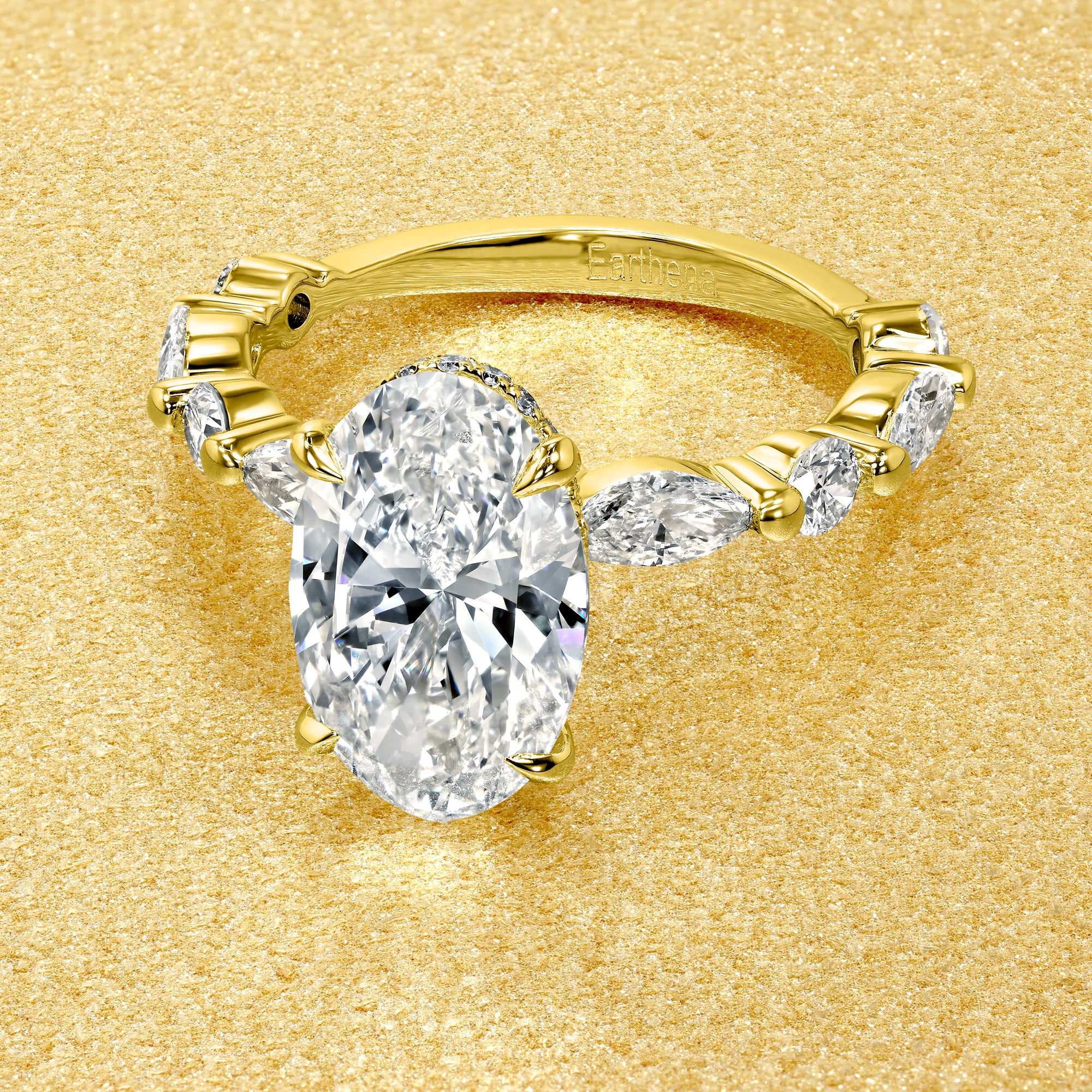 Grace 2.5ct Elongated Oval-Cut Lab-Grown Diamond Hidden Eternity Halo Engagement Ring in 14K Gold, 18K Gold, or Platinum by Earthena Jewelry of Beverly Hills.