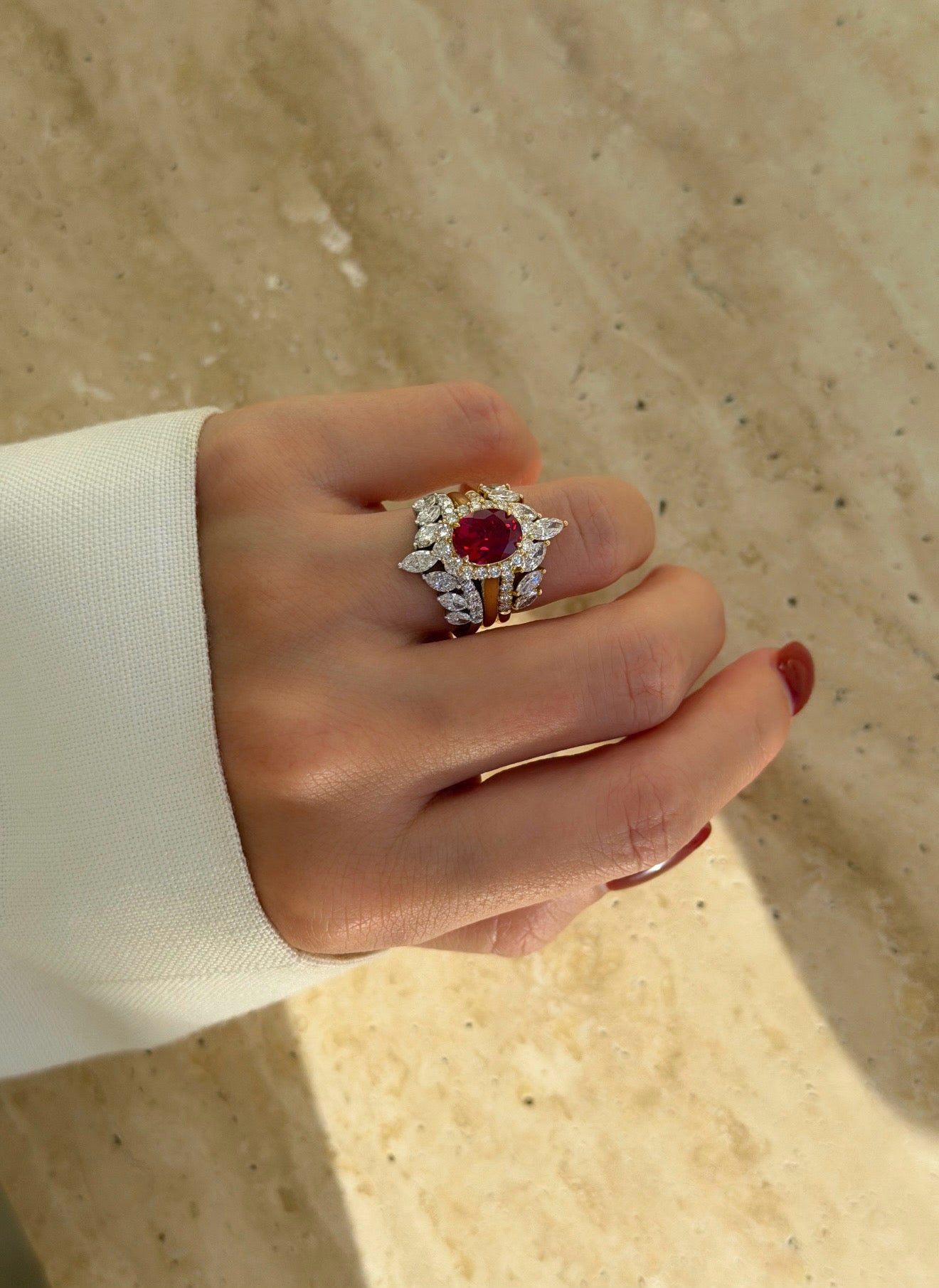 Gloria 2ct Oval Lab-Grown Ruby Halo Cathedral Engagement Ring in 14K Gold, 18K Gold, or Platinum by Earthena Jewelry of Beverly Hills.