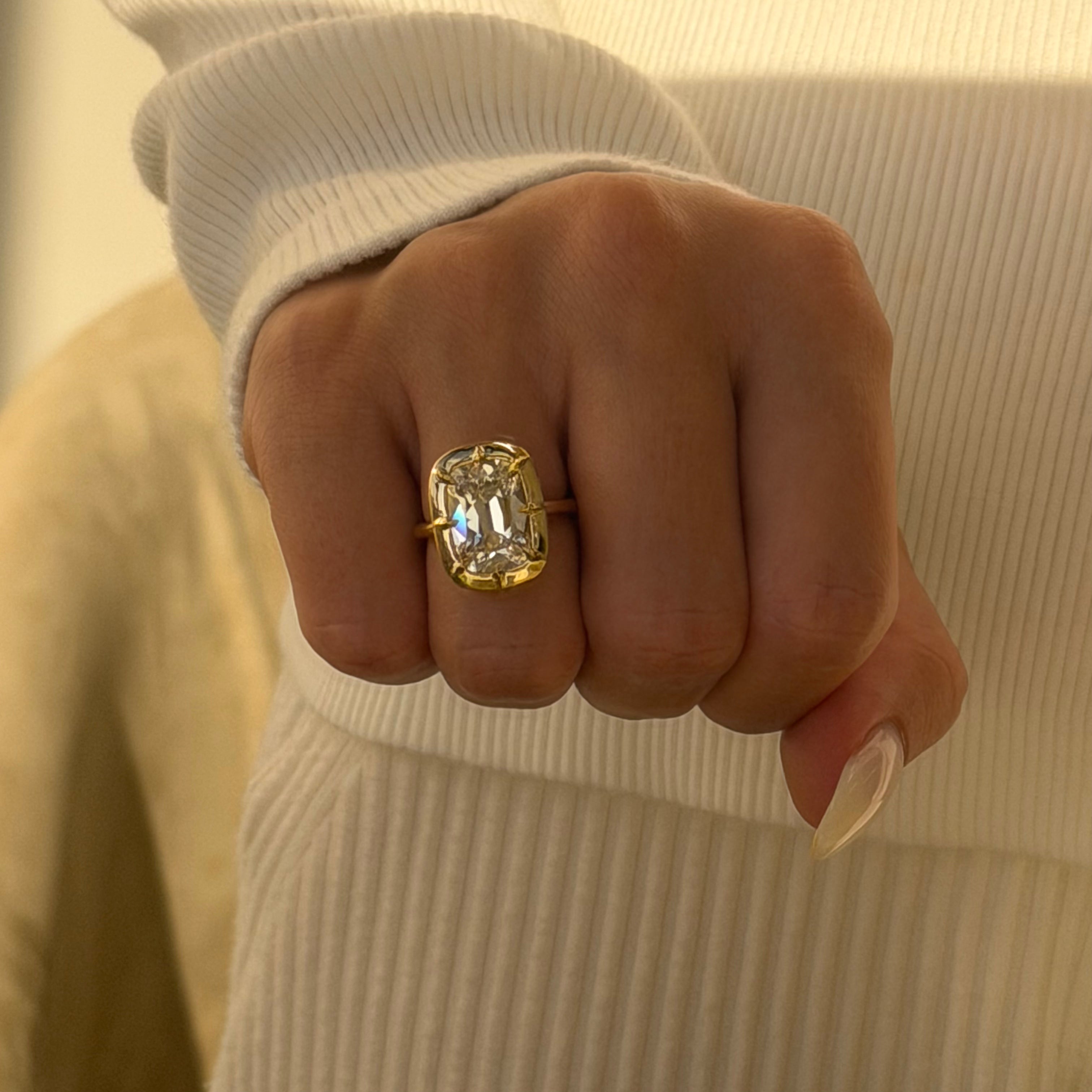 Elizabeth 4.95ct Elongated Old Mine Cut Lab-Grown Diamond Engagement Ring in 14K Gold, 18K Gold, and Platinum by Earthena Jewelry of Beverly Hills.