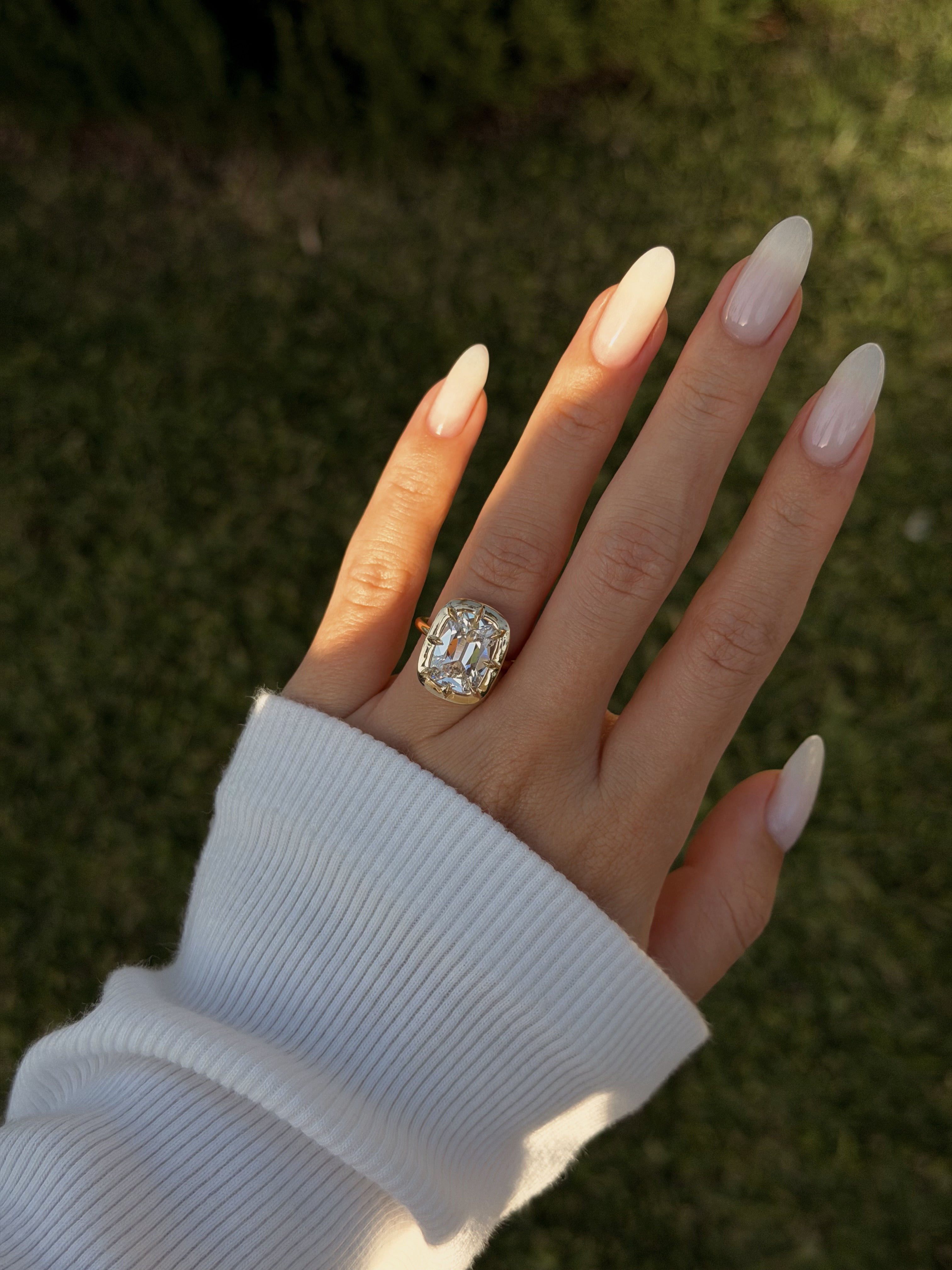 Elizabeth 4.95ct Elongated Old Mine Cut Lab-Grown Diamond Engagement Ring in 14K Gold, 18K Gold, and Platinum by Earthena Jewelry of Beverly Hills.