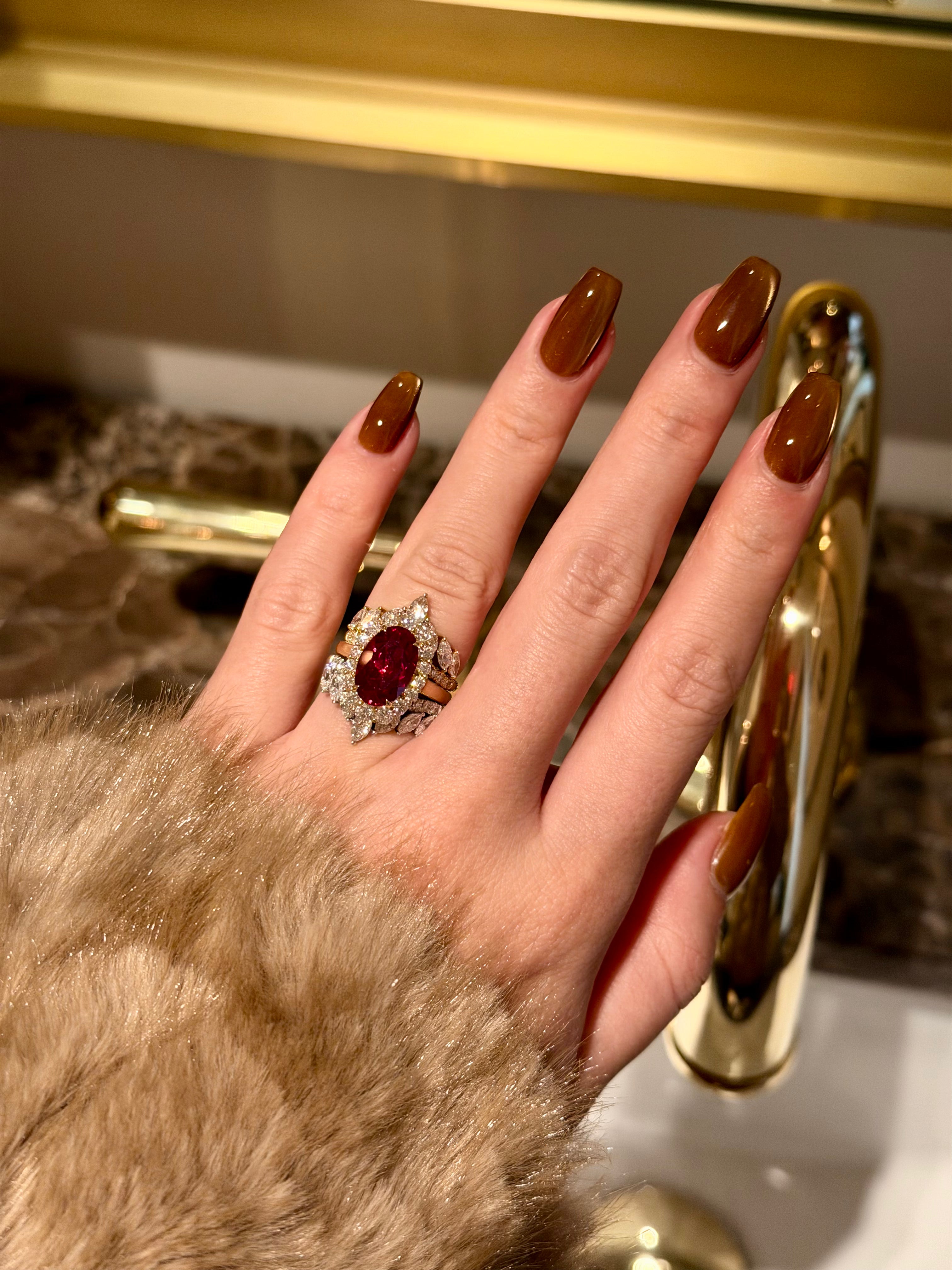 Gloria 4ct Oval Lab-Grown Ruby with Dual Isabella V-Shaped Diamond Bands in 14K Gold, 18K Gold, or Platinum by Earthena Jewelry of Beverly Hills.