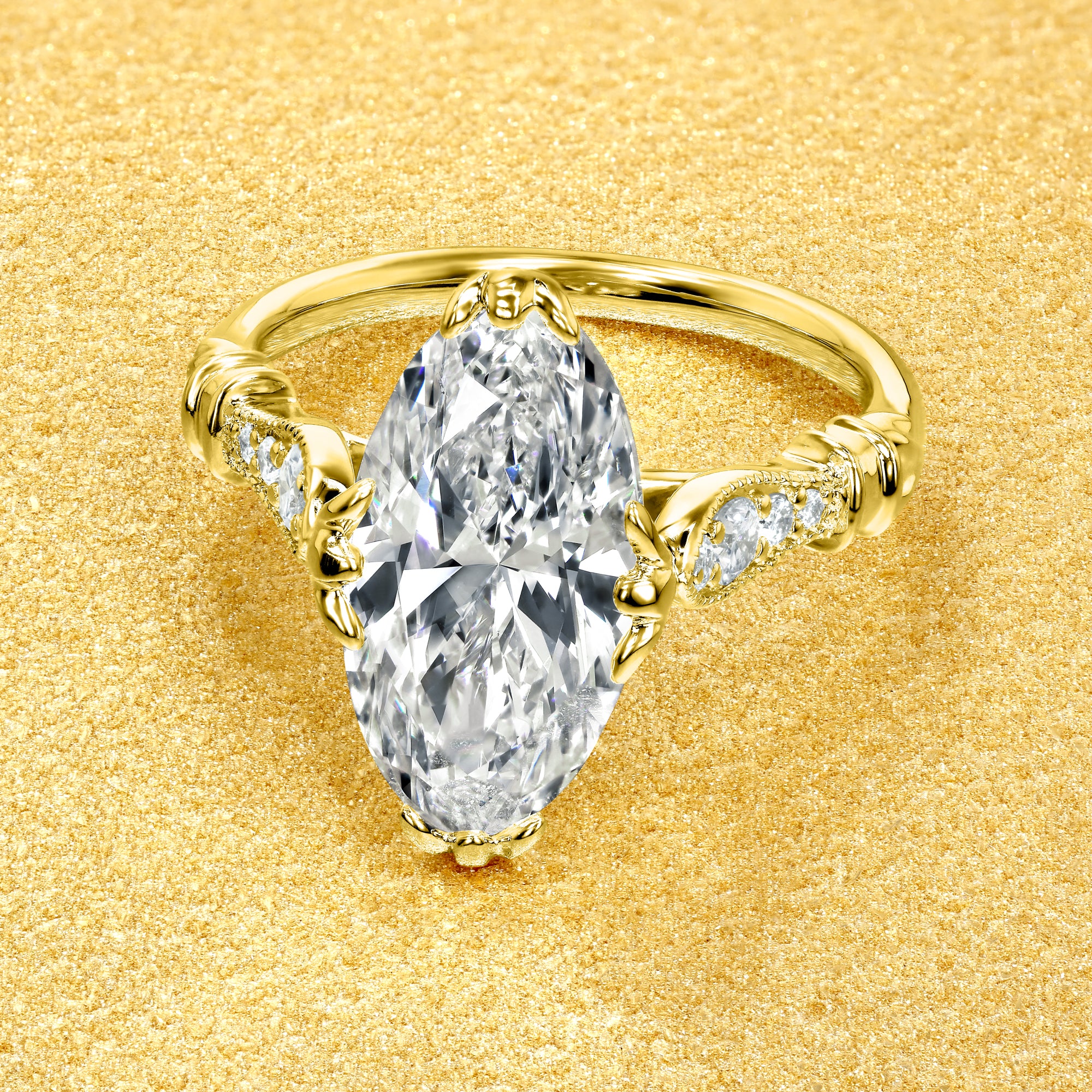 The Josephine, 3ct Elongated Moval Brilliant-Cut Lab-Grown Diamond Vintage Engagement Ring in 14K Gold, 18K Gold, or Platinum by Earthena Jewelry of Beverly Hills.