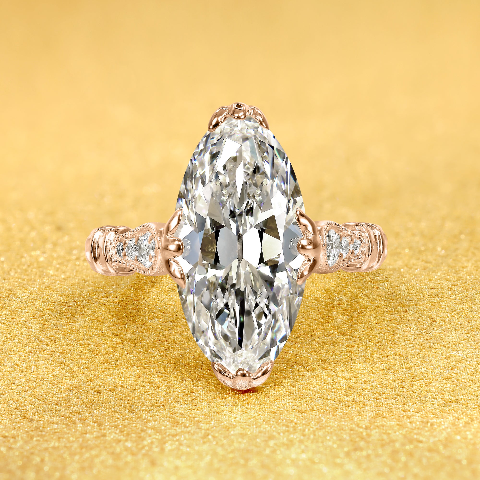 The Josephine, 4.5ct Elongated Moval Old Mine Cut Lab-Grown Diamond Vintage Engagement Ring in 14K Gold, 18K Gold, or Platinum by Earthena Jewelry of Beverly Hills.