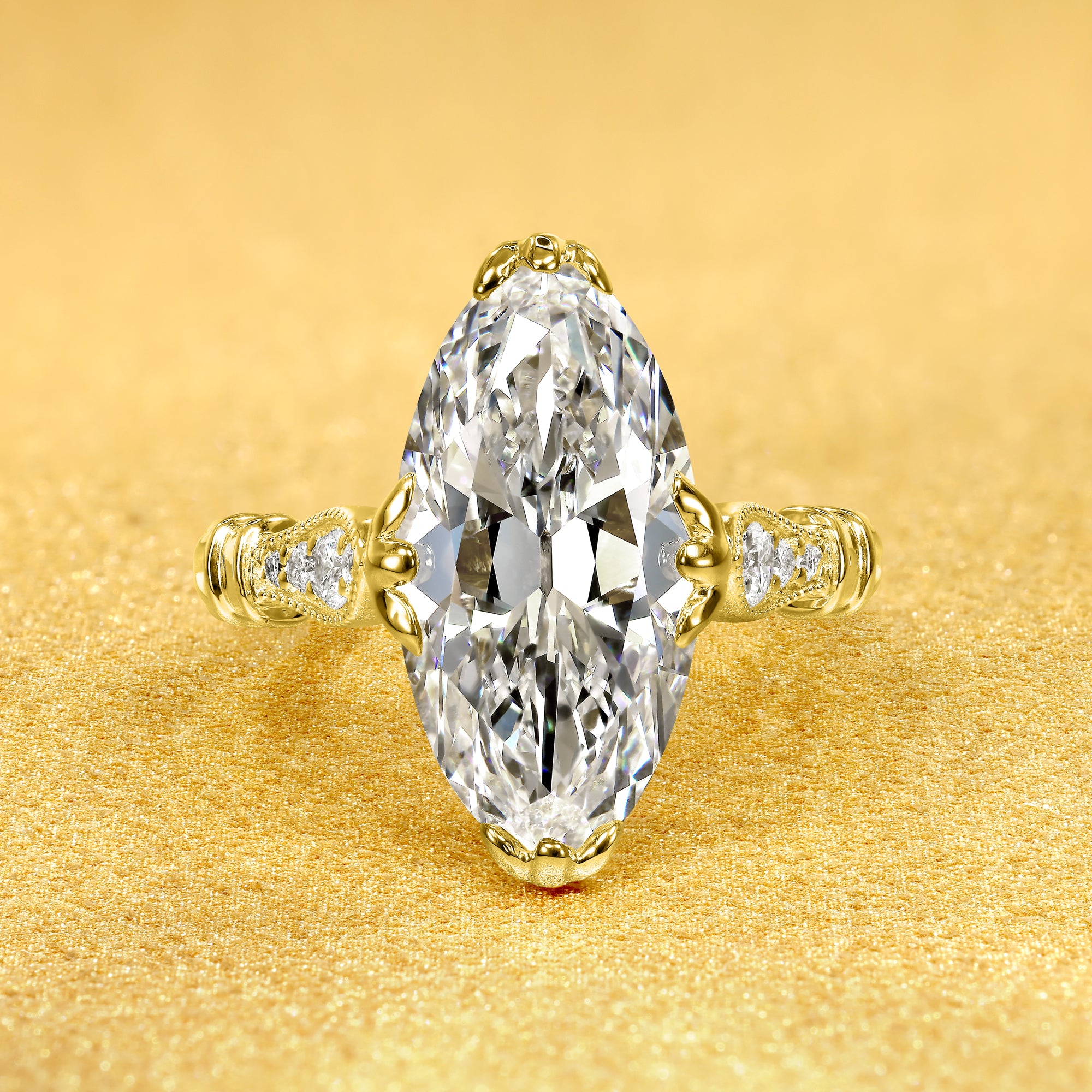 The Josephine, 4.5ct Elongated Moval Old Mine Cut Lab-Grown Diamond Vintage Engagement Ring in 14K Gold, 18K Gold, or Platinum by Earthena Jewelry of Beverly Hills.