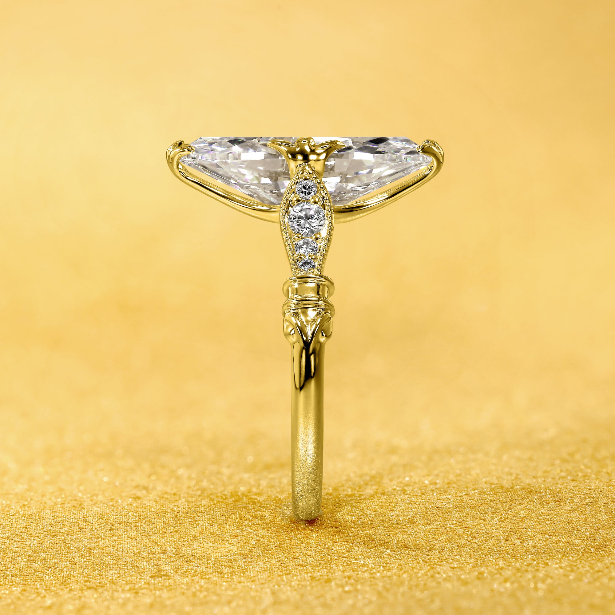 The Josephine, 4.5ct Elongated Moval Old Mine Cut Lab-Grown Diamond Vintage Engagement Ring in 14K Gold, 18K Gold, or Platinum by Earthena Jewelry of Beverly Hills.