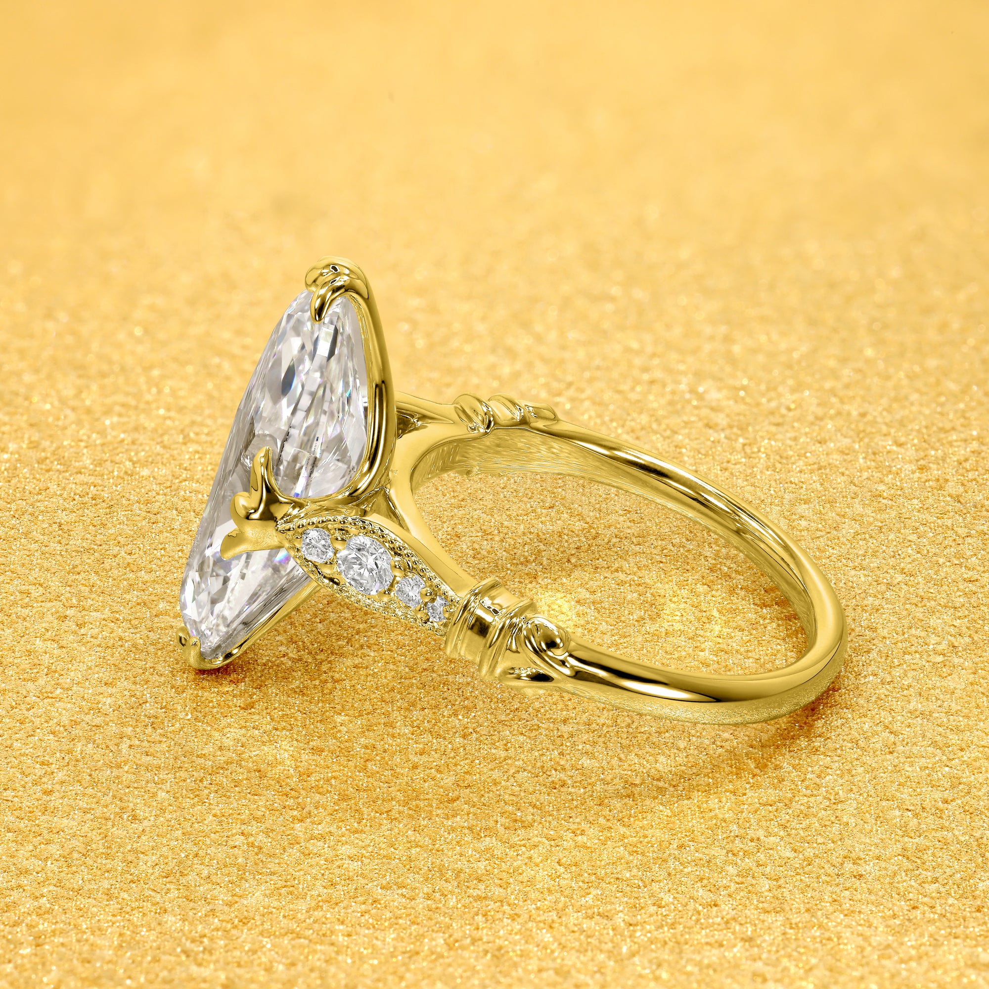 The Josephine, 4.5ct Elongated Moval Old Mine Cut Lab-Grown Diamond Vintage Engagement Ring in 14K Gold, 18K Gold, or Platinum by Earthena Jewelry of Beverly Hills.