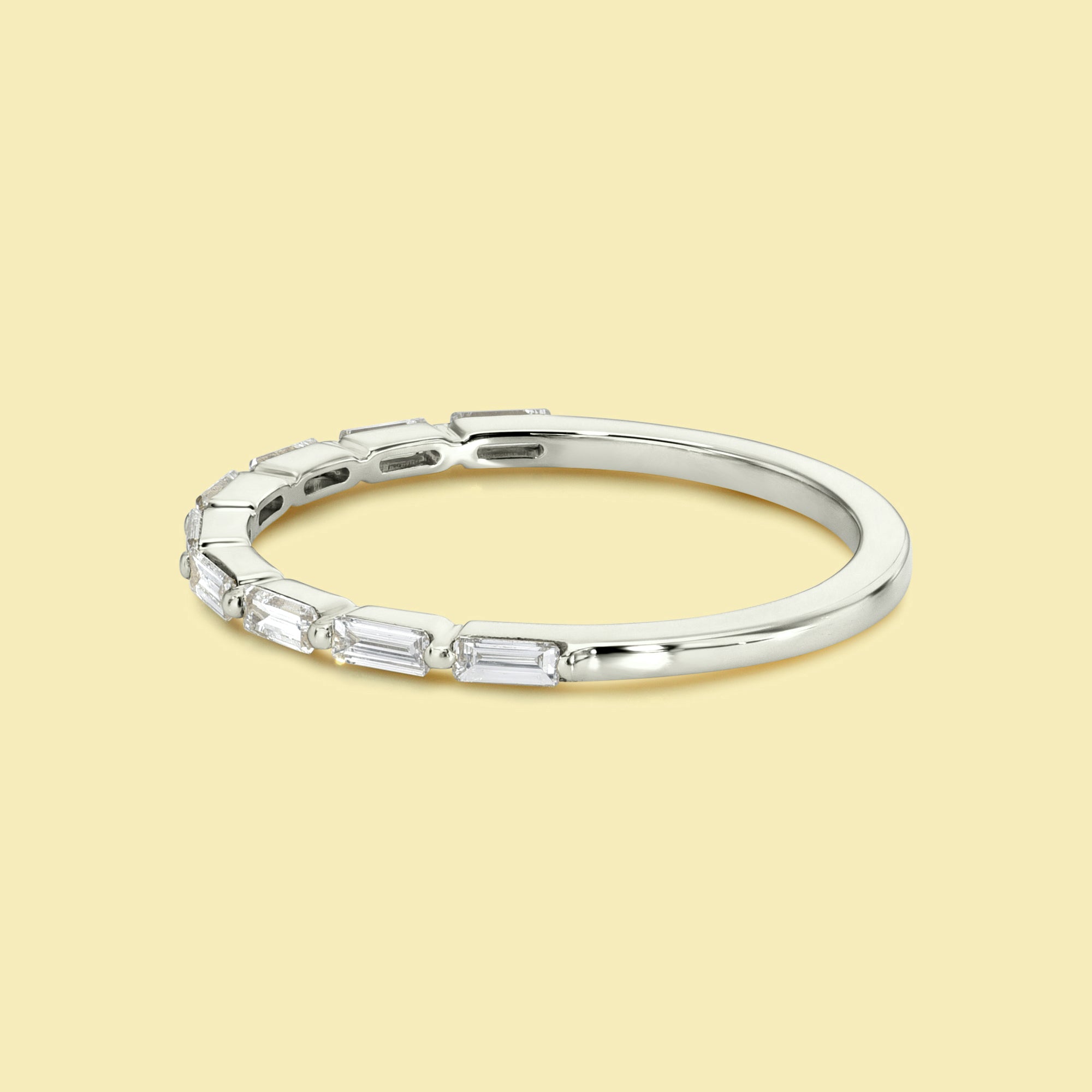 Laci Floating Stackable Shared-prong Diamond Band Handcrafted in 14K gold, 18K gold, or Platinum handcrafted in Los Angeles by Earthena Jewelry