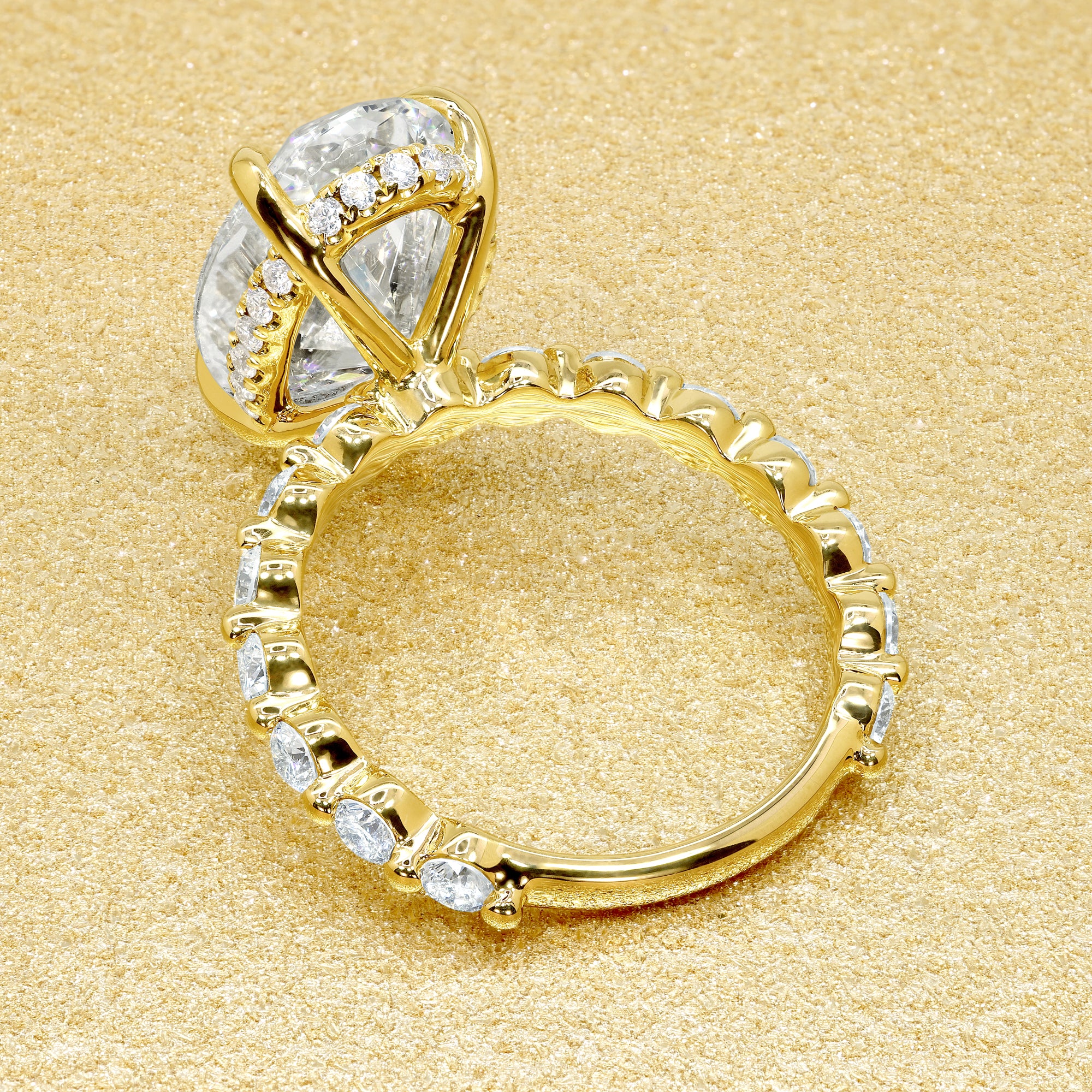 Classic Luna 4ct Elongated Oval-cut Moissanite Hidden Halo Floating Lab-grown Diamond Engagement ring in 14K Gold, 18K Gold, or Platinum by Earthena Jewelry of Beverly Hills.