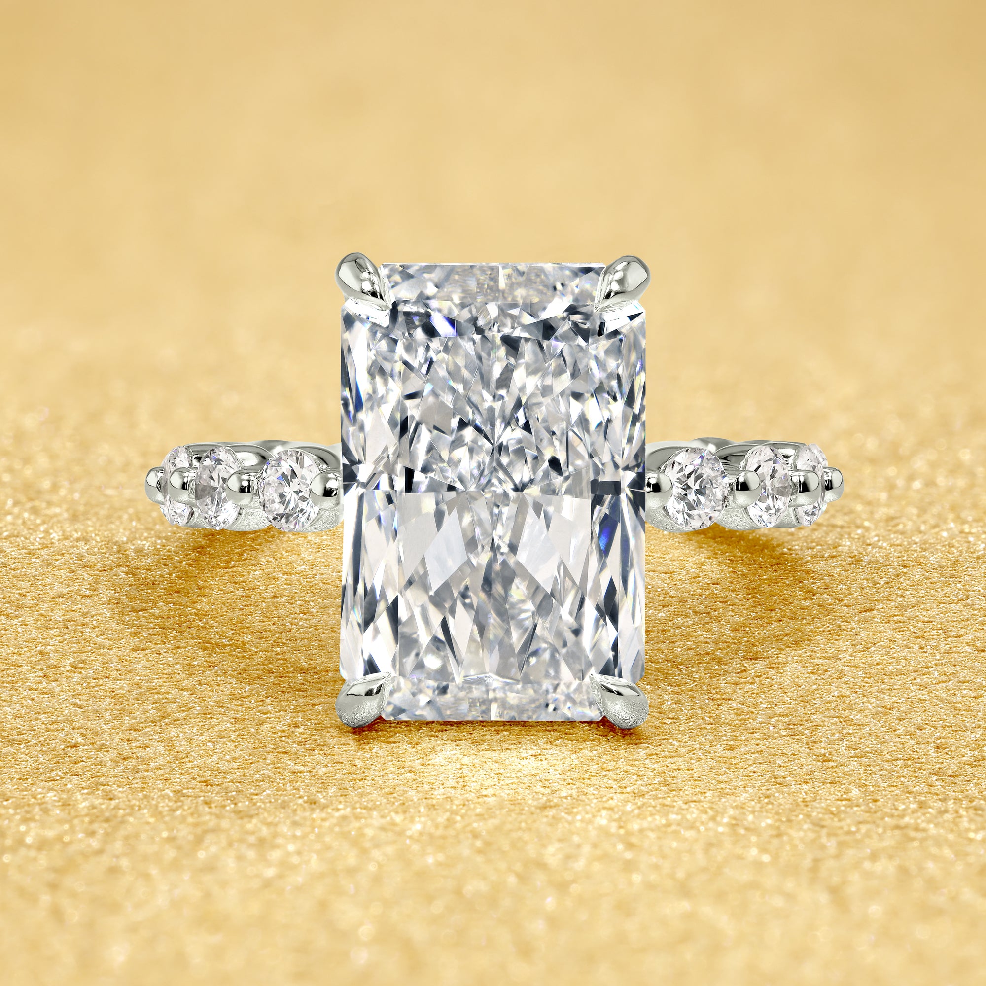 Classic Luna 5ct Elongated Radiant-Cut Lab-Grown Diamond Hidden Halo Floating Engagement Ring in 14K Gold, 18K Gold, or Platinum by Earthena Jewelry of Beverly Hills.