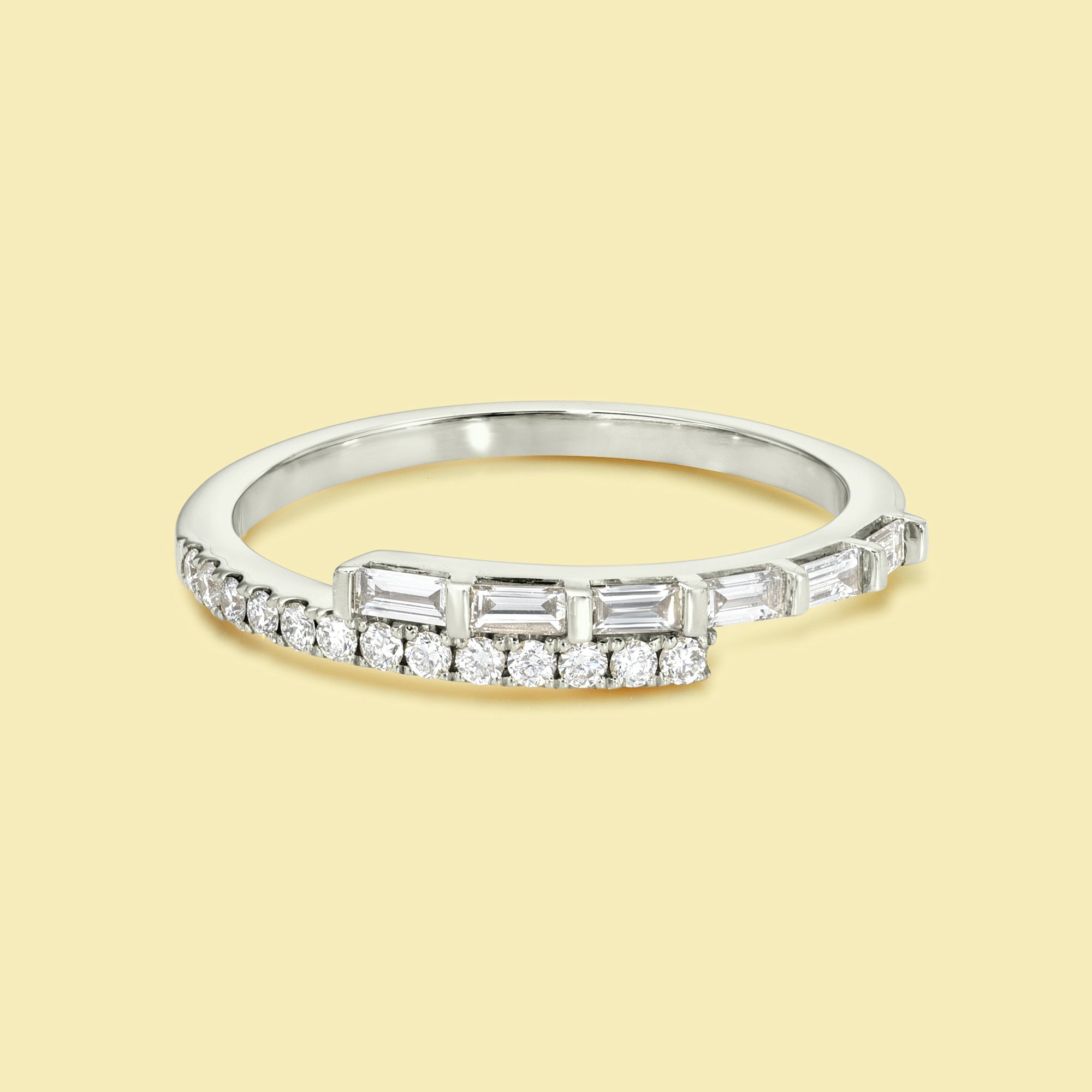 Lydia Stackable Bypass Baguette and Round Diamond Band Handcrafted in 14K gold, 18K gold, or Platinum handcrafted in Los Angeles by Earthena Jewelry