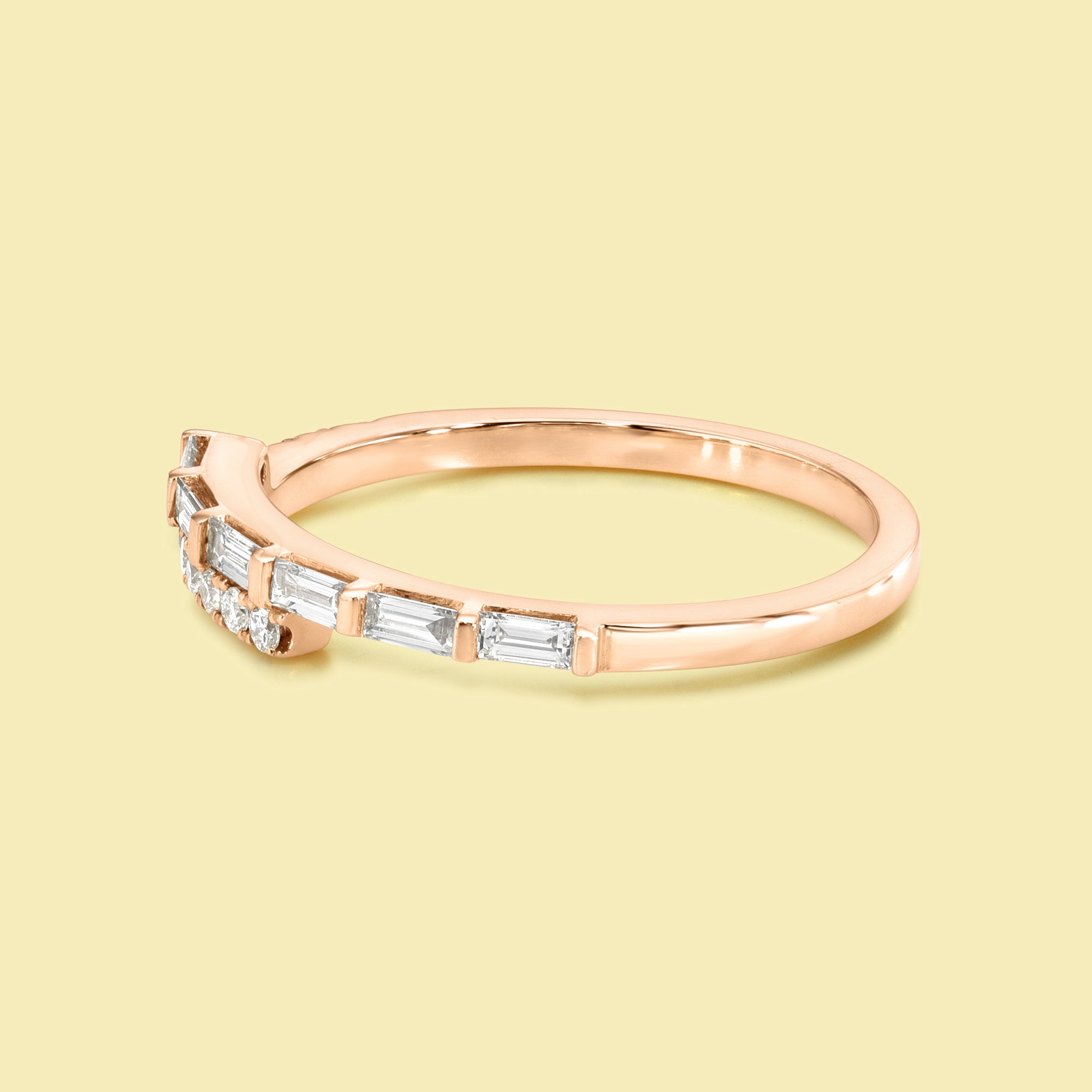 Lydia Stackable Bypass Baguette and Round Diamond Band Handcrafted in 14K gold, 18K gold, or Platinum handcrafted in Los Angeles by Earthena Jewelry