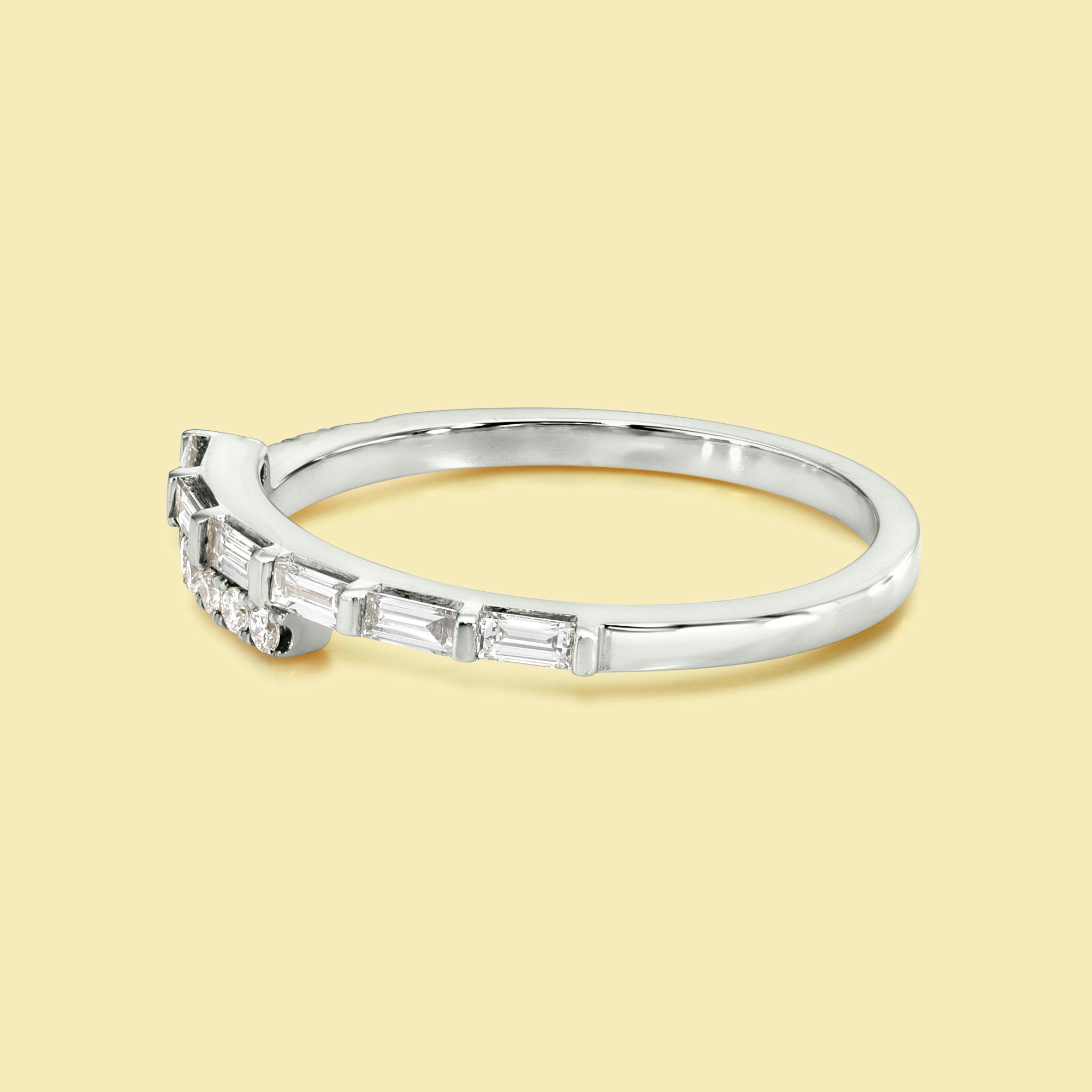 Lydia Stackable Bypass Baguette and Round Diamond Band Handcrafted in 14K gold, 18K gold, or Platinum handcrafted in Los Angeles by Earthena Jewelry