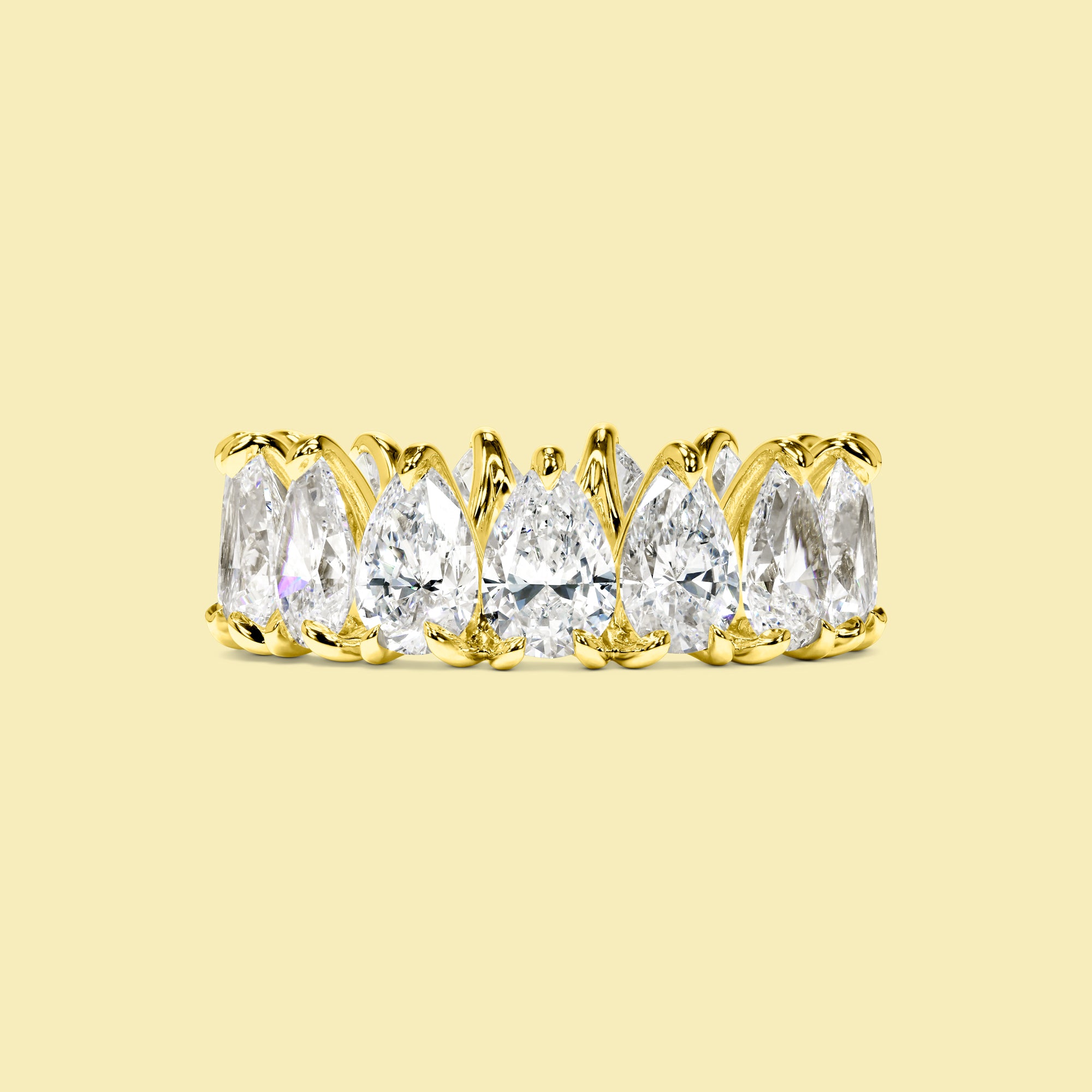 The Naomi Pear Eternity Band is handcrafted in 14K gold, 18K gold, or Platinum by Earthena Jewelry of Beverly Hills.