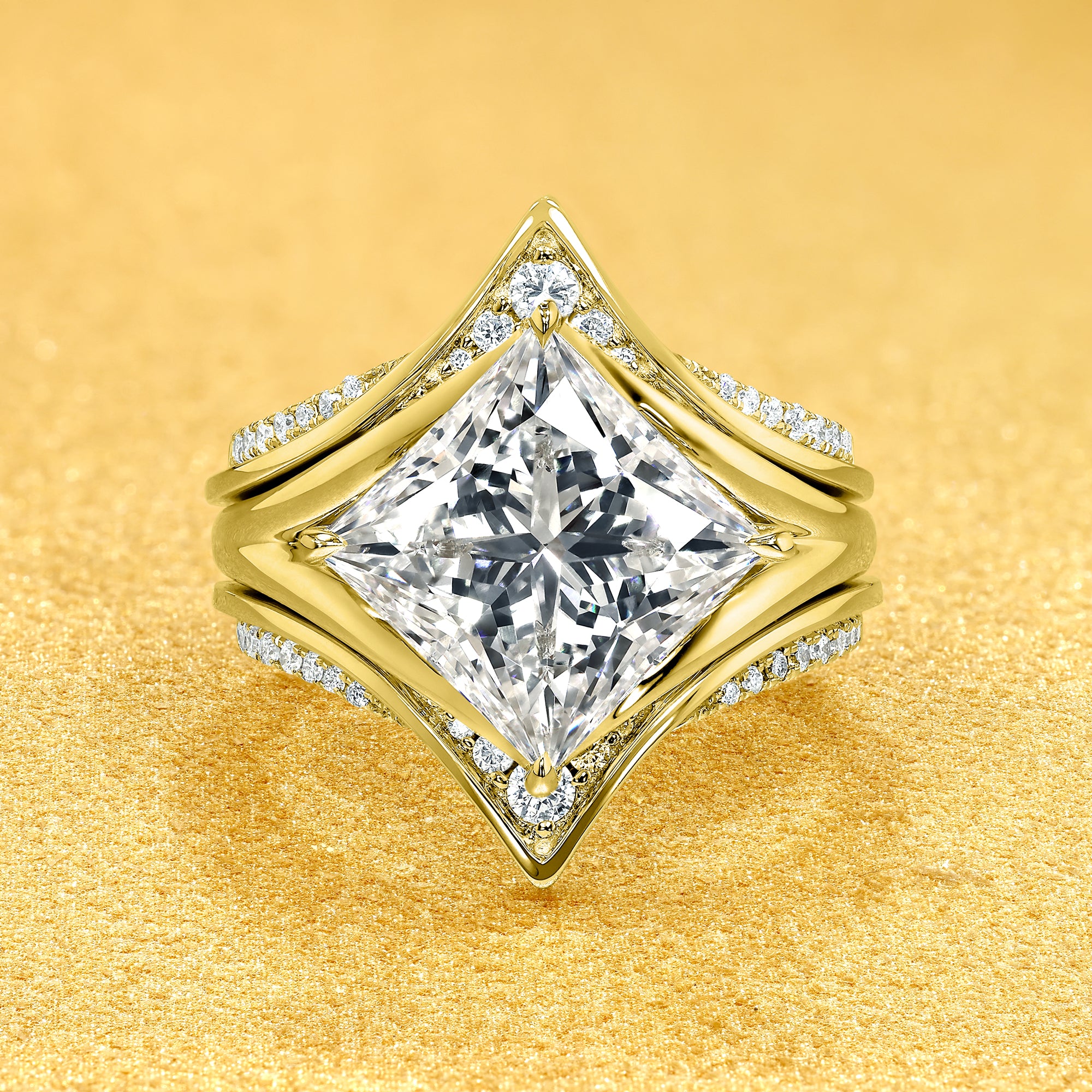 Nova 4.10ct Princess Cut Lab-Grown Diamond Engagement Ring and Double Pavé Contour Band Trio Set in 14K Gold, 18K Gold, or Platinum by Earthena Jewelry of Beverly Hills.