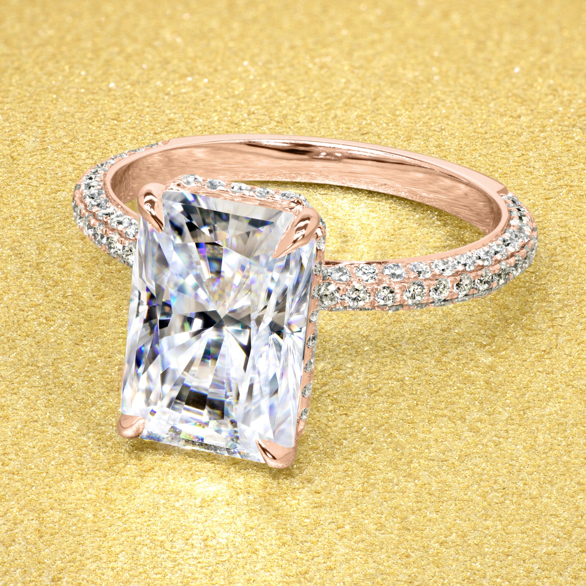 Classic Olivia 4.5ct Elongated Radiant-cut Moissanite Triple Row Hidden Wrap Halo Lab-grown Diamond Engagement ring in 14K gold, 18K gold, or Platinum handcrafted in Los Angeles by Earthena Jewelry.