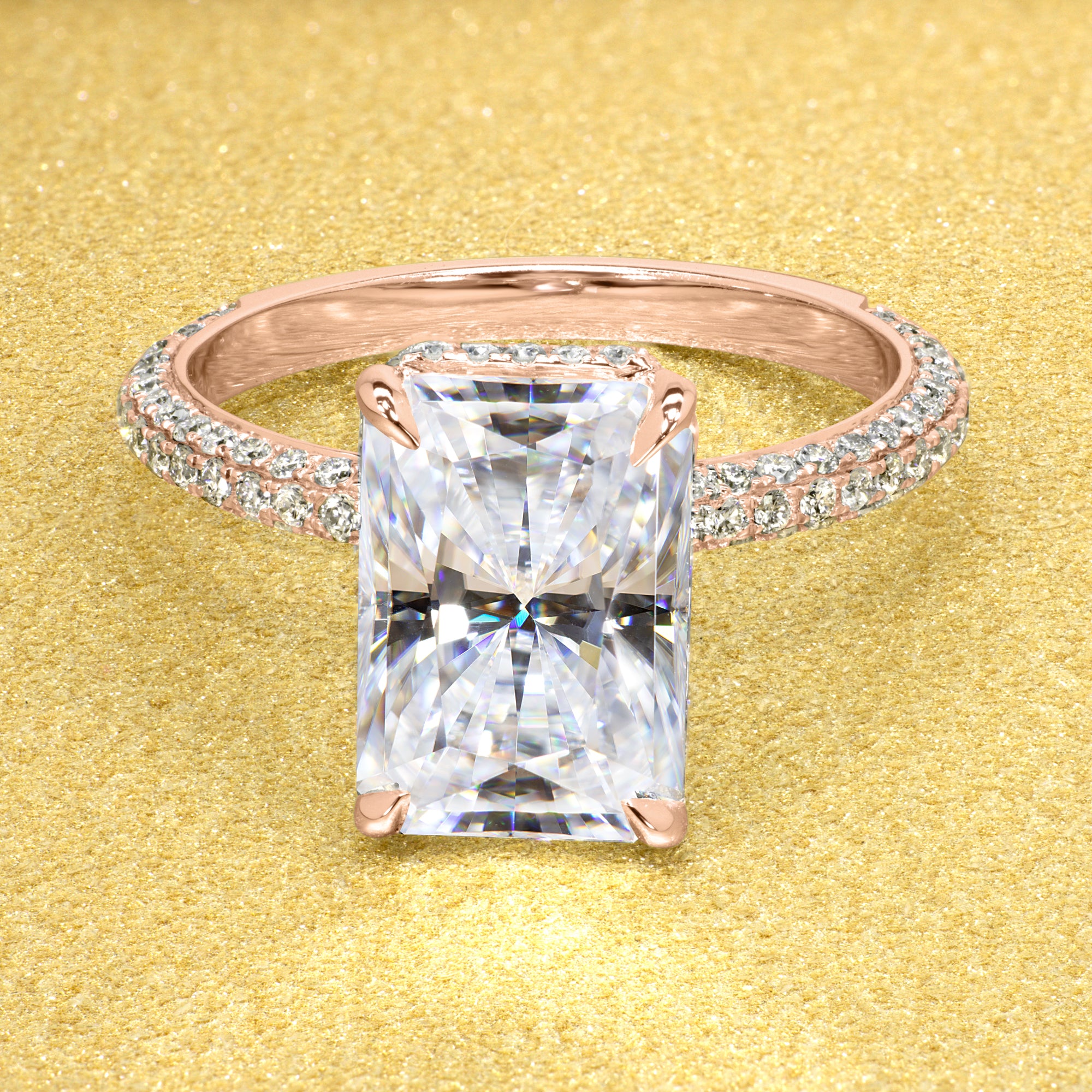 Classic Olivia 4.5ct Elongated Radiant-cut Moissanite Triple Row Hidden Wrap Halo Lab-grown Diamond Engagement ring in 14K gold, 18K gold, or Platinum handcrafted in Los Angeles by Earthena Jewelry.