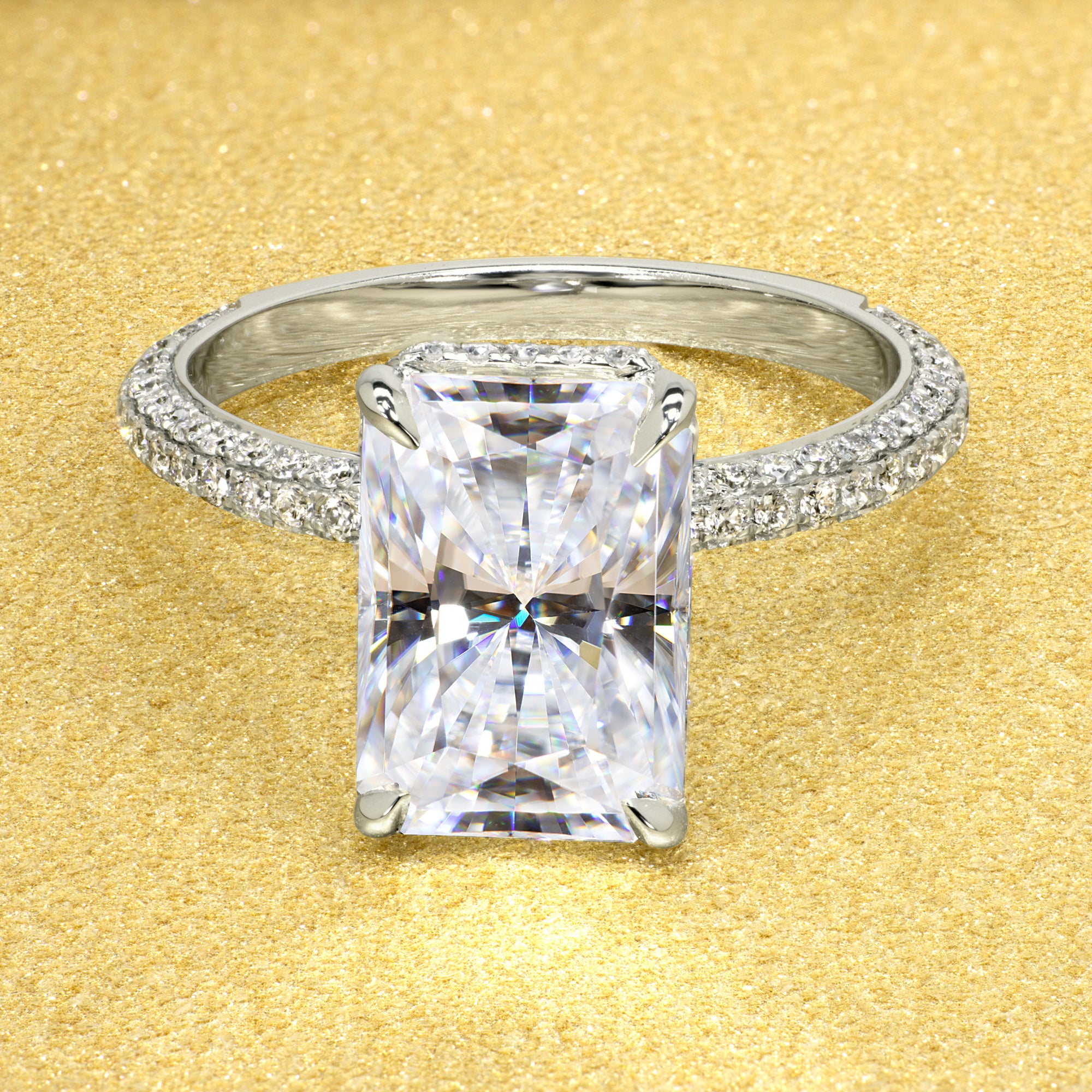 Classic Olivia 4.5ct Elongated Radiant-cut Moissanite Triple Row Hidden Wrap Halo Lab-grown Diamond Engagement ring in 14K gold, 18K gold, or Platinum handcrafted in Los Angeles by Earthena Jewelry.