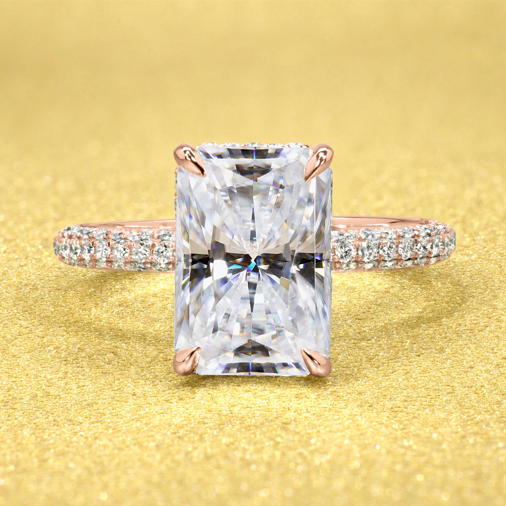 Classic Olivia 4.5ct Elongated Radiant-cut Moissanite Triple Row Hidden Wrap Halo Lab-grown Diamond Engagement ring in 14K gold, 18K gold, or Platinum handcrafted in Los Angeles by Earthena Jewelry.