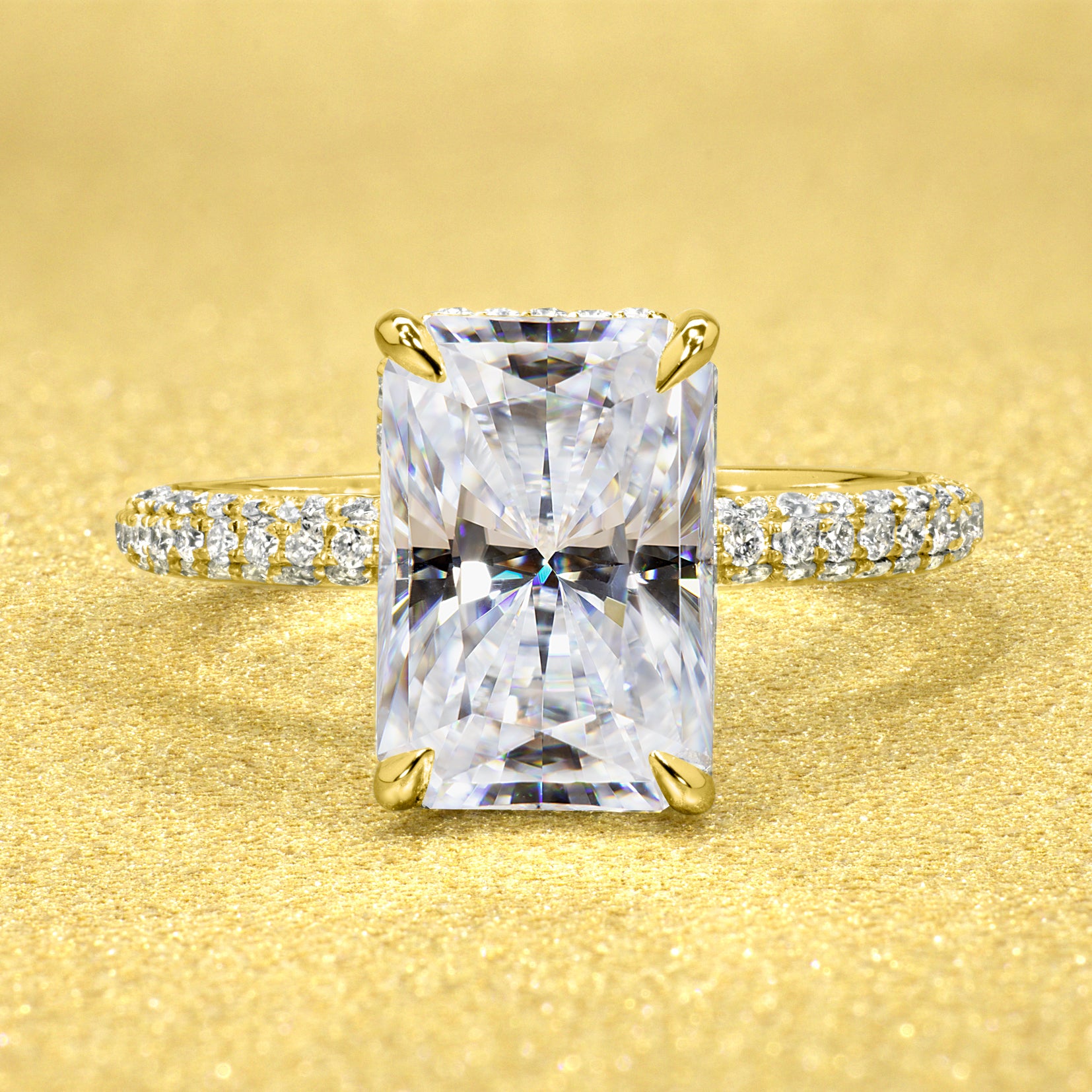 Classic Olivia 4.5ct Elongated Radiant-cut Moissanite Triple Row Hidden Wrap Halo Lab-grown Diamond Engagement ring in 14K gold, 18K gold, or Platinum handcrafted in Los Angeles by Earthena Jewelry.