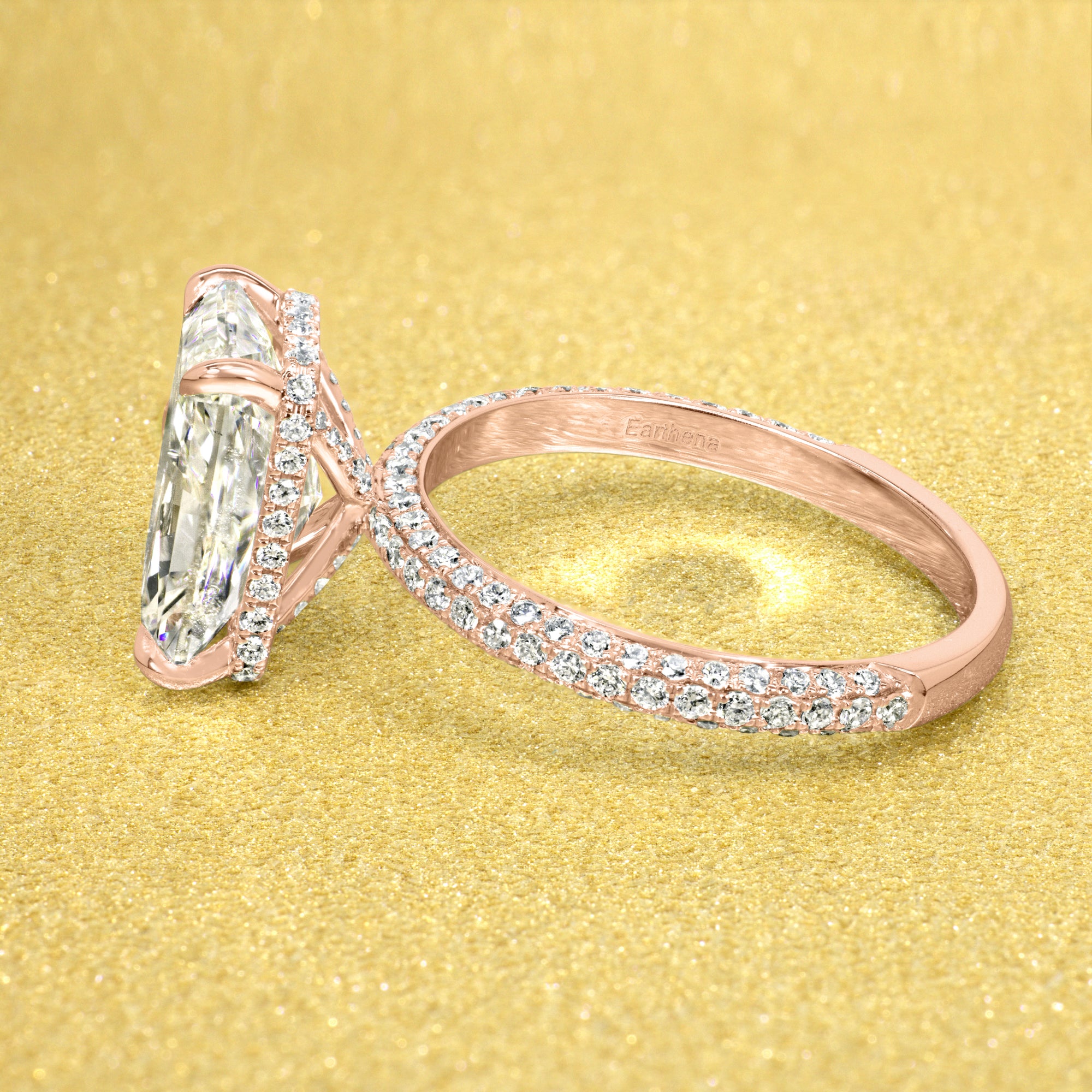 Classic Olivia 4.5ct Elongated Radiant-cut Moissanite Triple Row Hidden Wrap Halo Lab-grown Diamond Engagement ring in 14K gold, 18K gold, or Platinum handcrafted in Los Angeles by Earthena Jewelry.