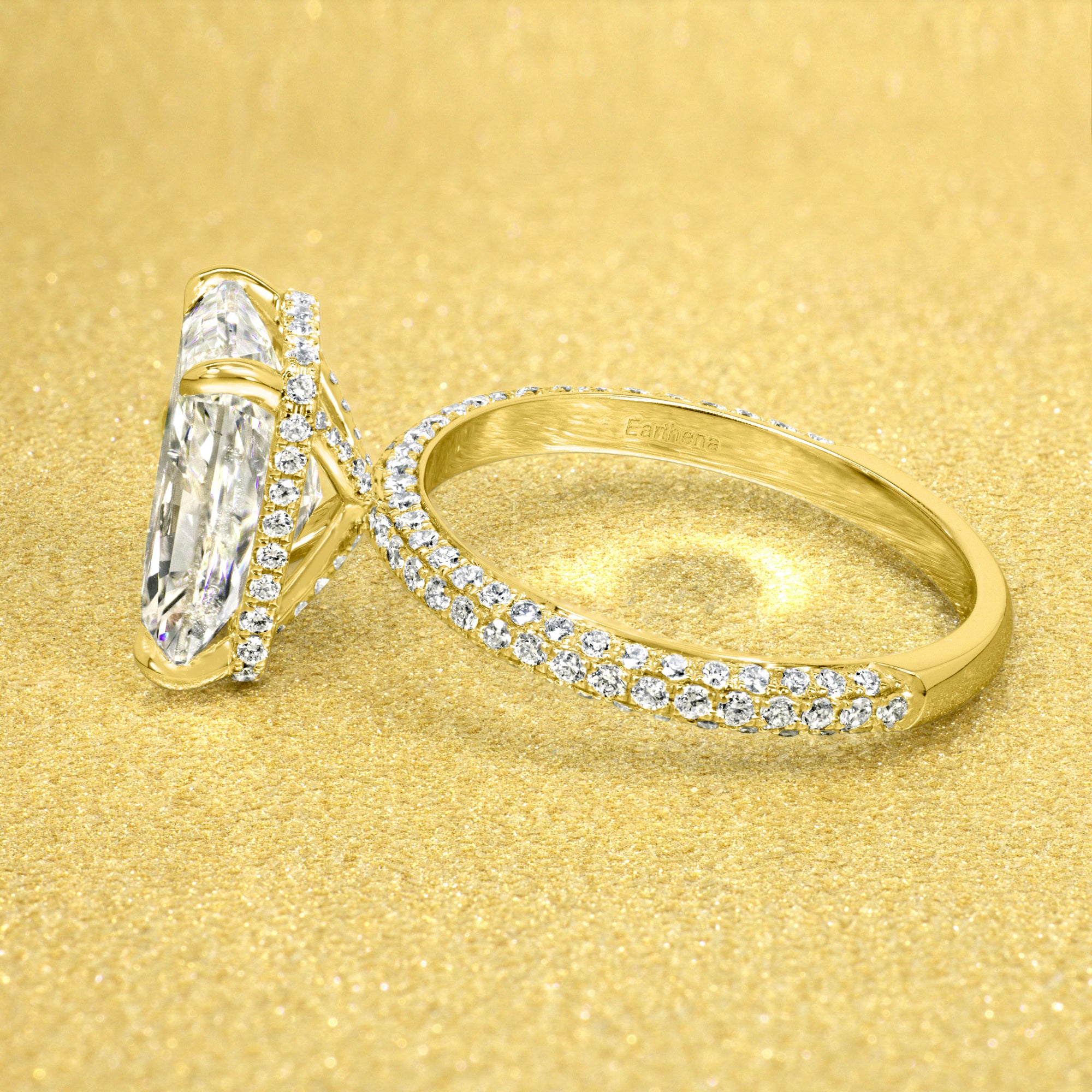 Classic Olivia 4.5ct Elongated Radiant-cut Moissanite Triple Row Hidden Wrap Halo Lab-grown Diamond Engagement ring in 14K gold, 18K gold, or Platinum handcrafted in Los Angeles by Earthena Jewelry.