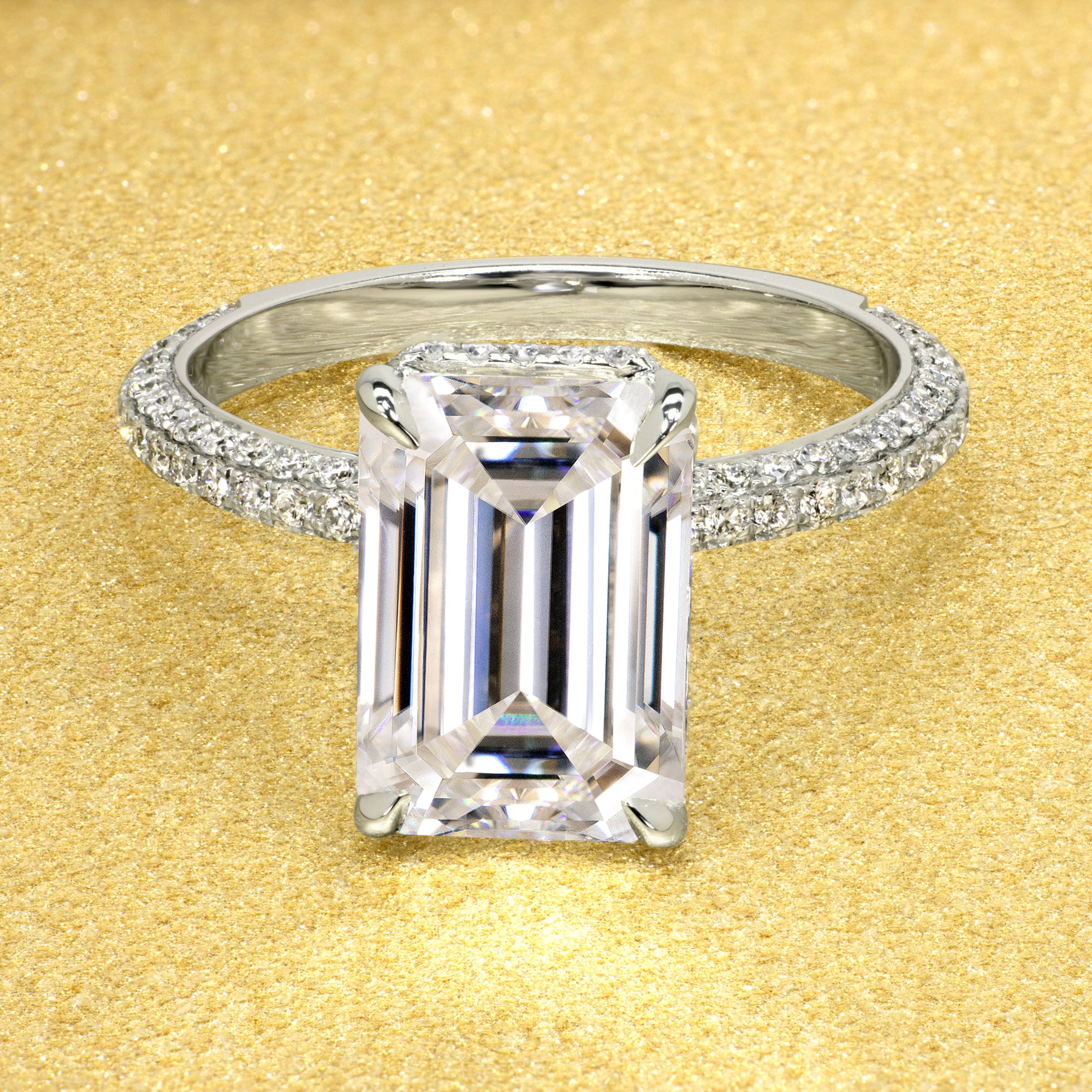 The Olivia, 5.5ct Elongated Emerald-cut Triple Row Hidden Wrap Halo Ring