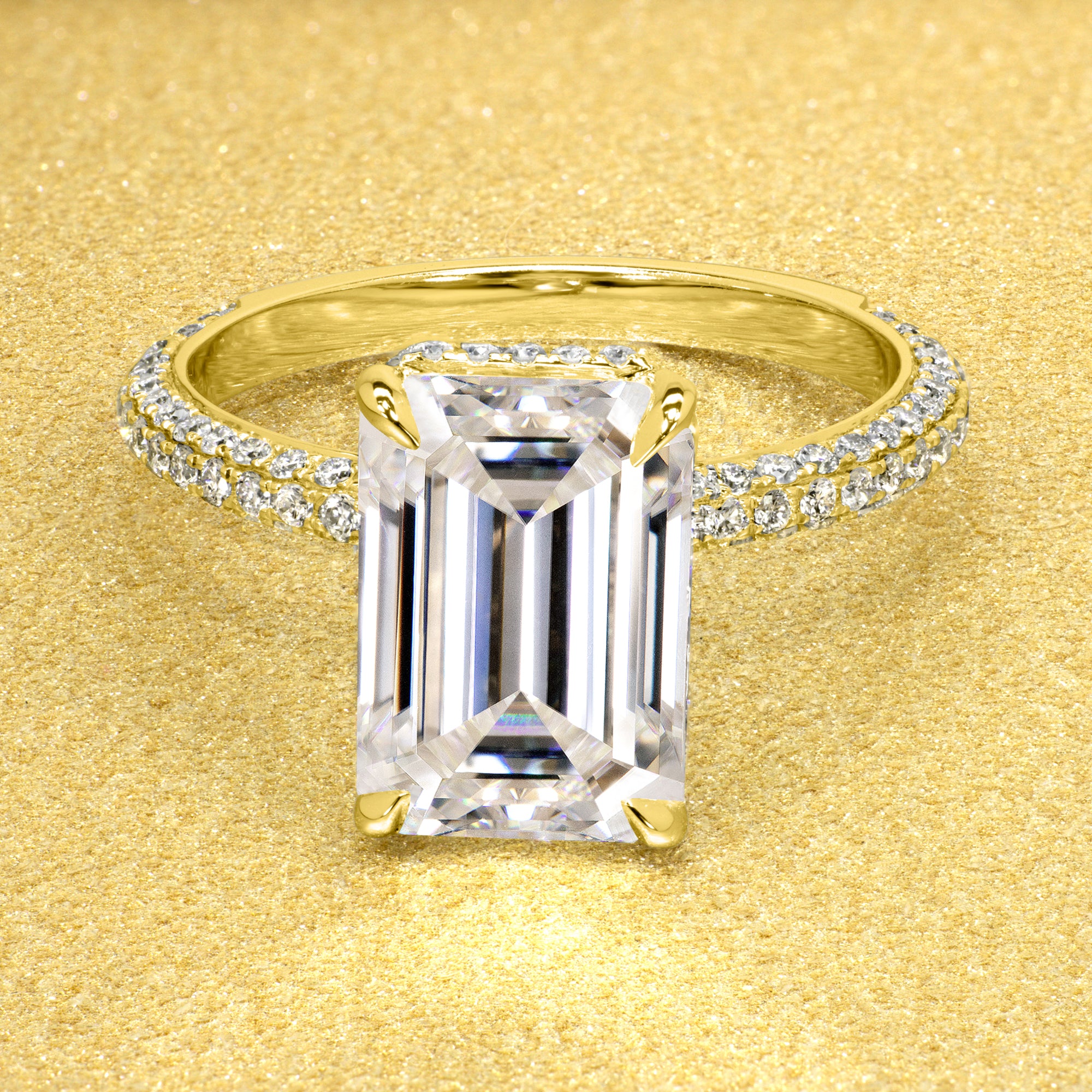 The Olivia, 5.5ct Elongated Emerald-cut Triple Row Hidden Wrap Halo Ring