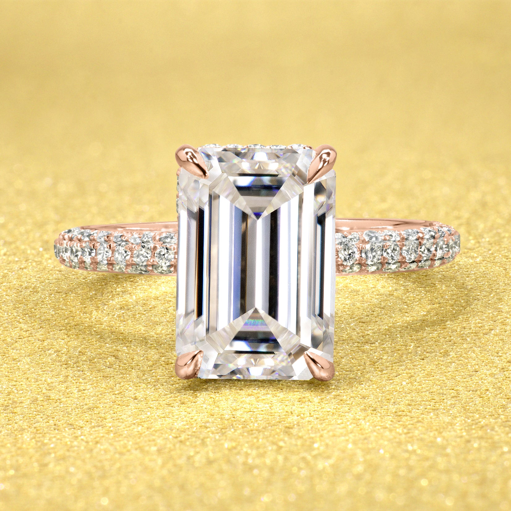 The Olivia, 5.5ct Elongated Emerald-cut Triple Row Hidden Wrap Halo Ring